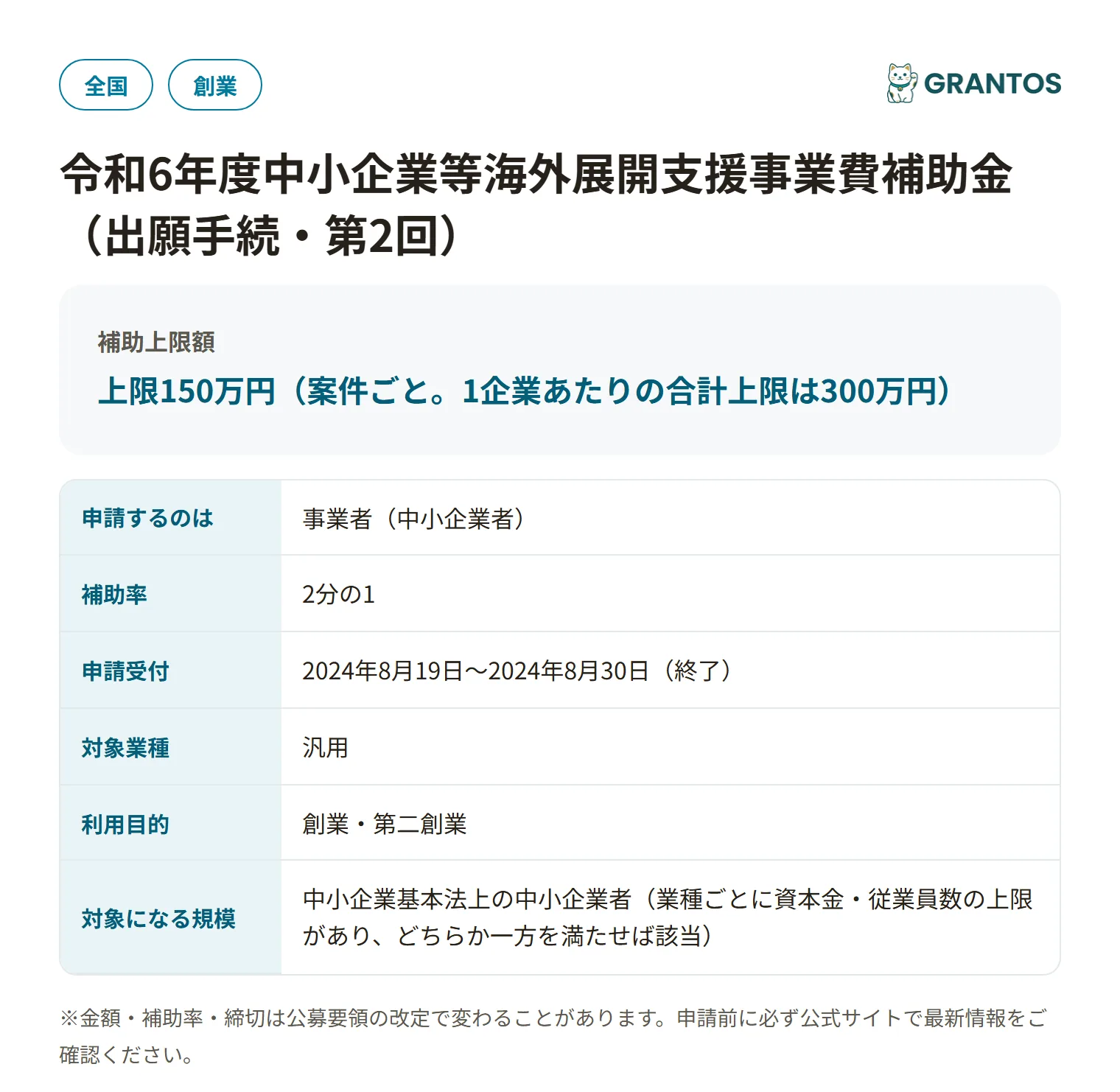 中小企業等海外展開支援事業費補助金（出願手続・第2回）の対象・金額・締切の概要