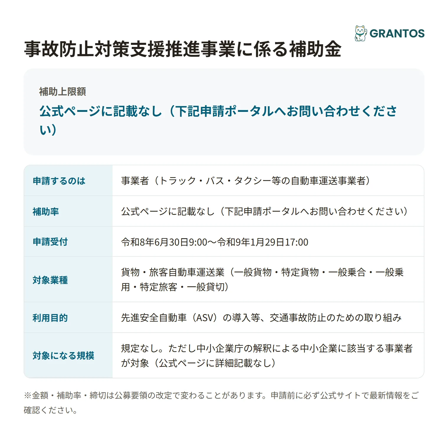 事故防止対策支援推進事業に係る補助金の対象・締切の概要