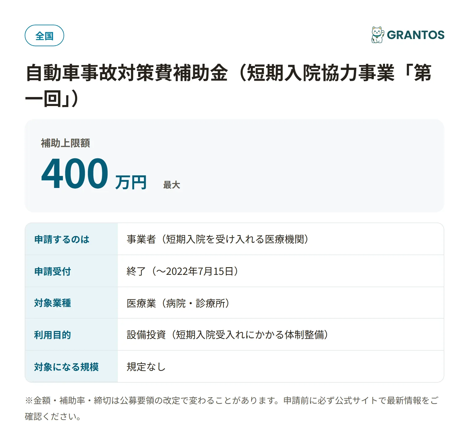 自動車事故対策費補助金（短期入院・第一回）の対象・金額・締切の概要