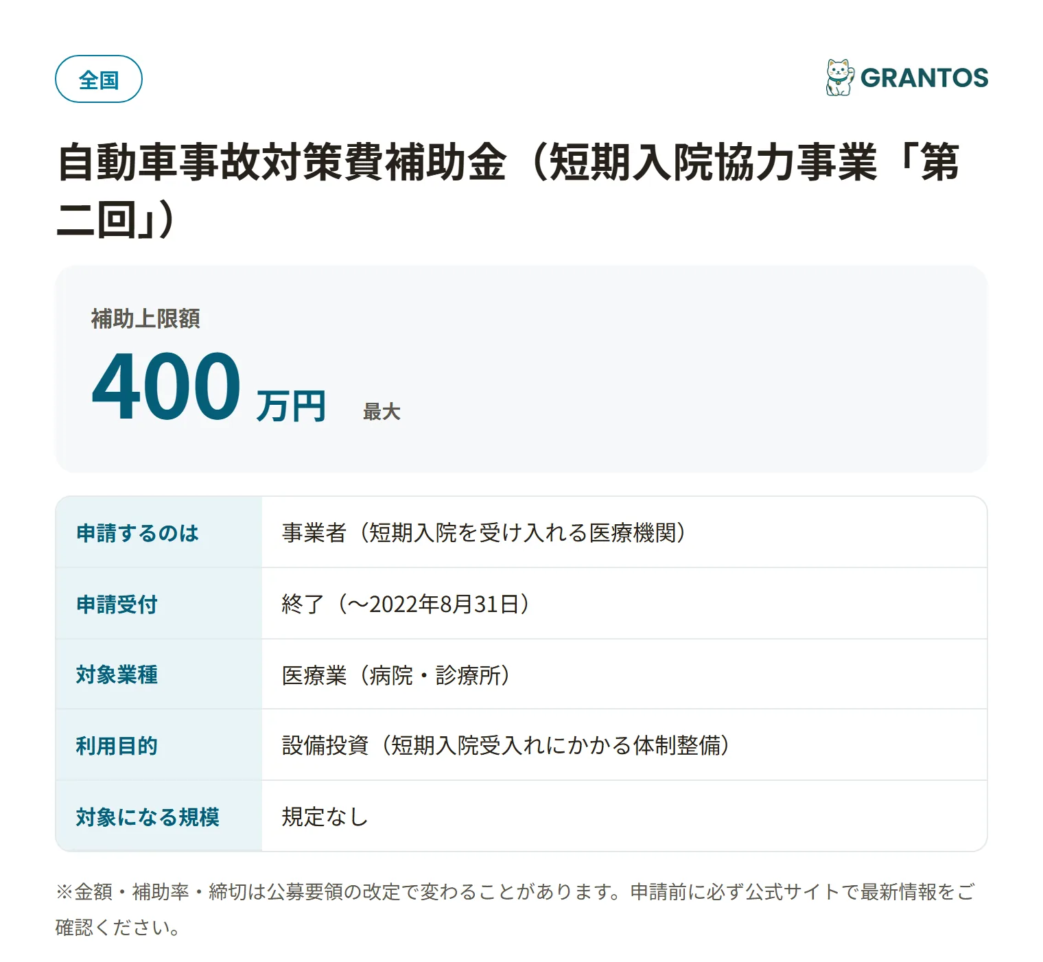 自動車事故対策費補助金（短期入院・第二回）の対象・金額・締切の概要