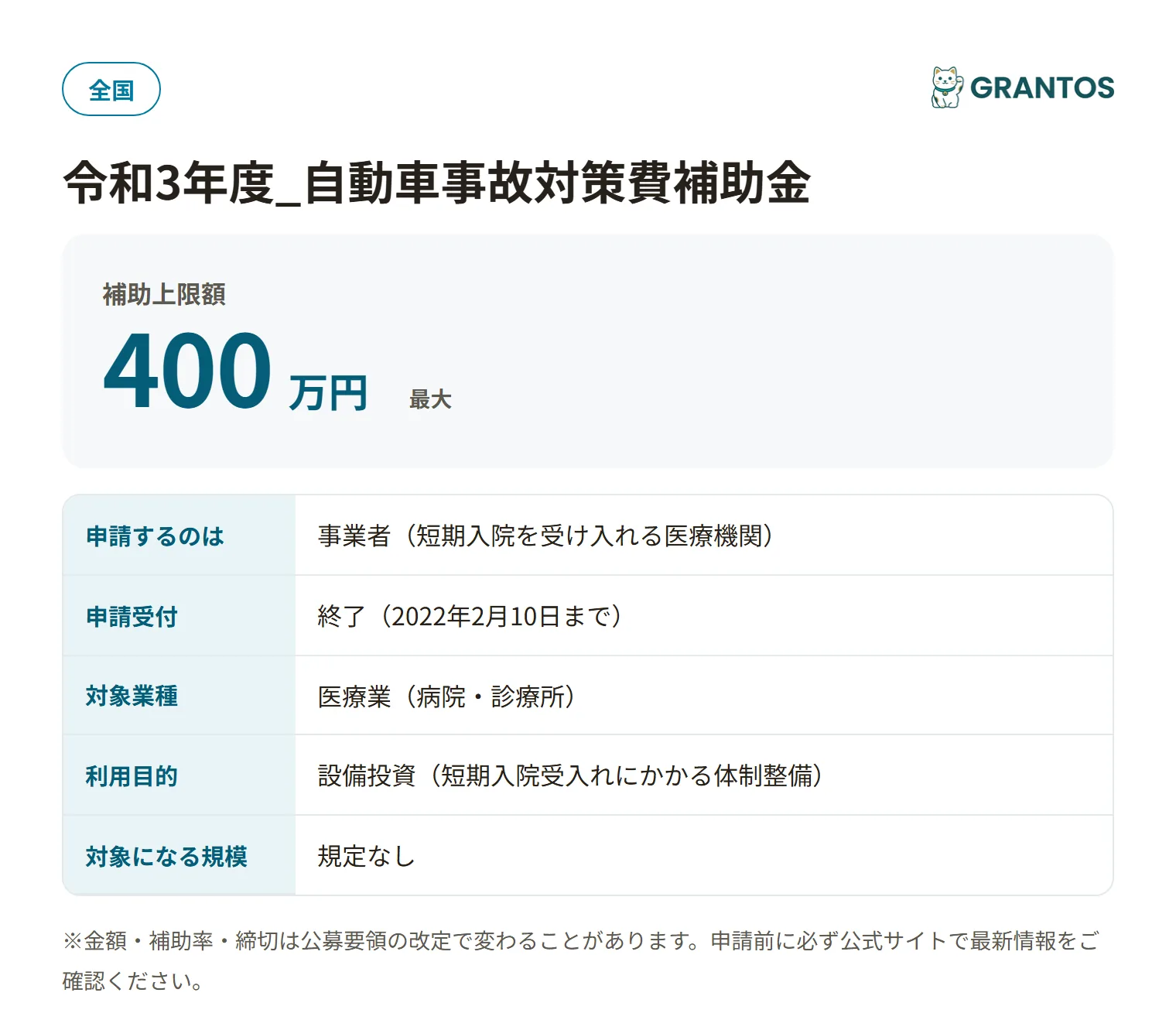 自動車事故対策費補助金(短期入院3月実施)R3の対象・金額・締切の概要