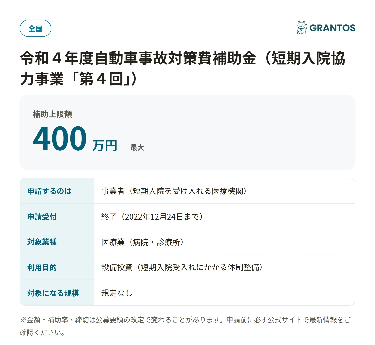 自動車事故対策費補助金(短期入院第4回)R4の対象・金額・締切の概要