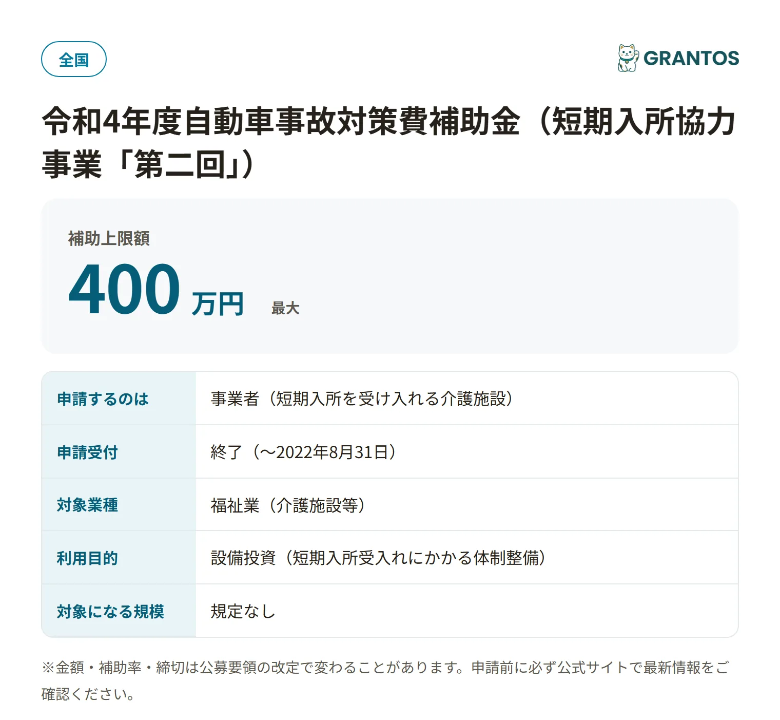 自動車事故対策費補助金（短期入所・第二回R4）の対象・金額・締切の概要