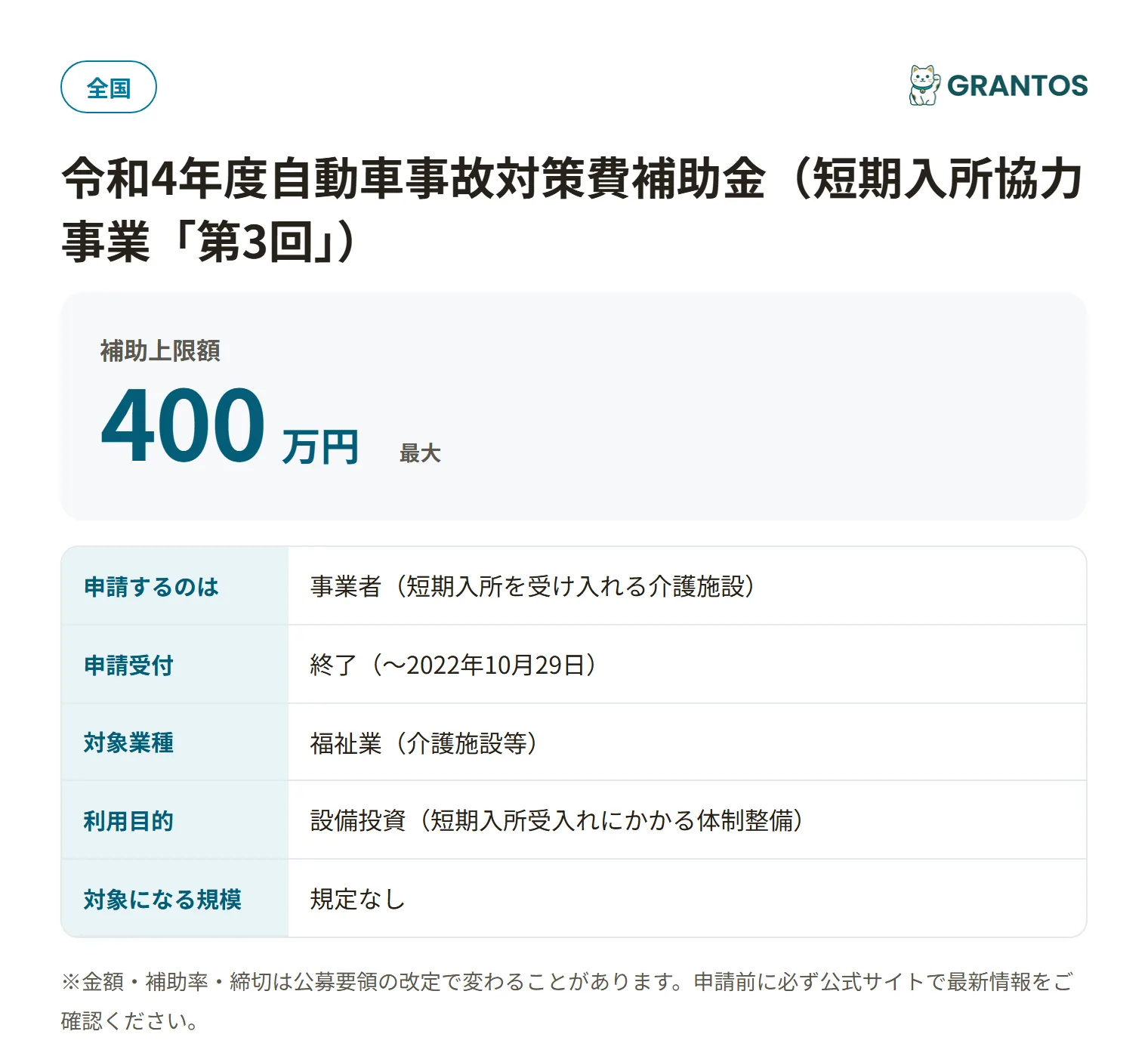 自動車事故対策費補助金(短期入所第3回)R4の対象・金額・締切の概要