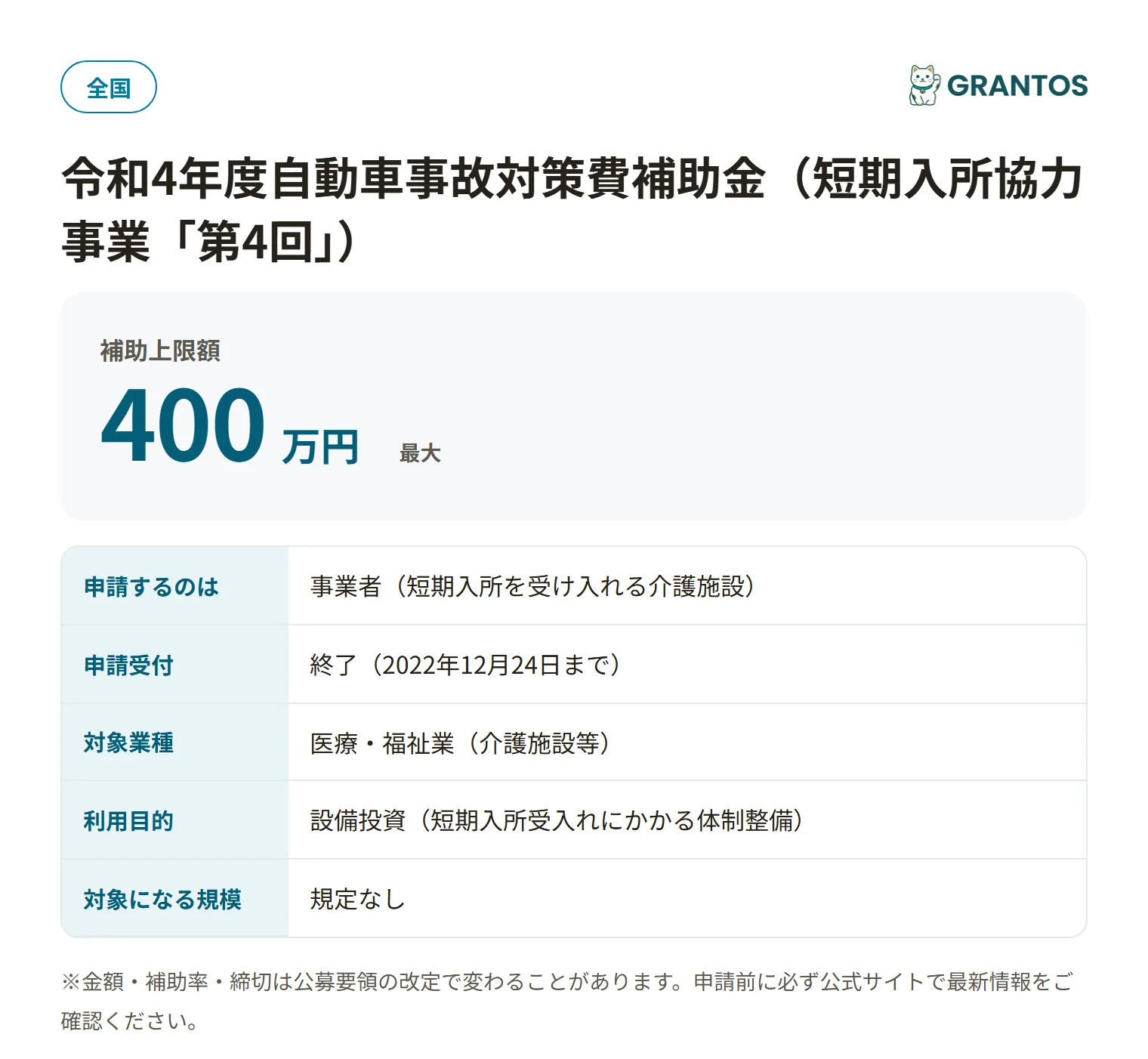 自動車事故対策費補助金(短期入所第4回)R4の対象・金額・締切の概要
