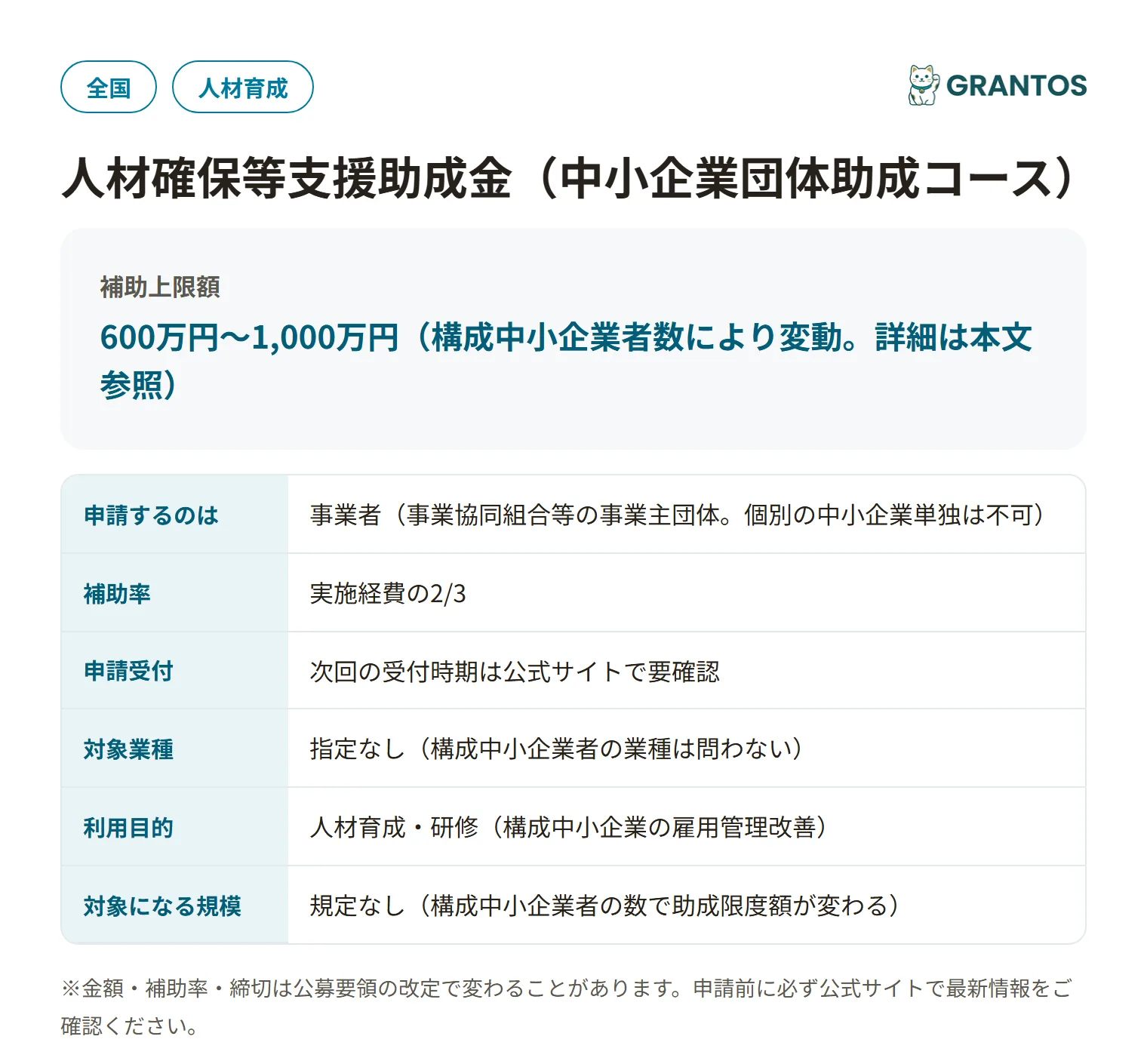 人材確保等支援助成金（中小企業団体助成コース）の対象・金額・締切の概要