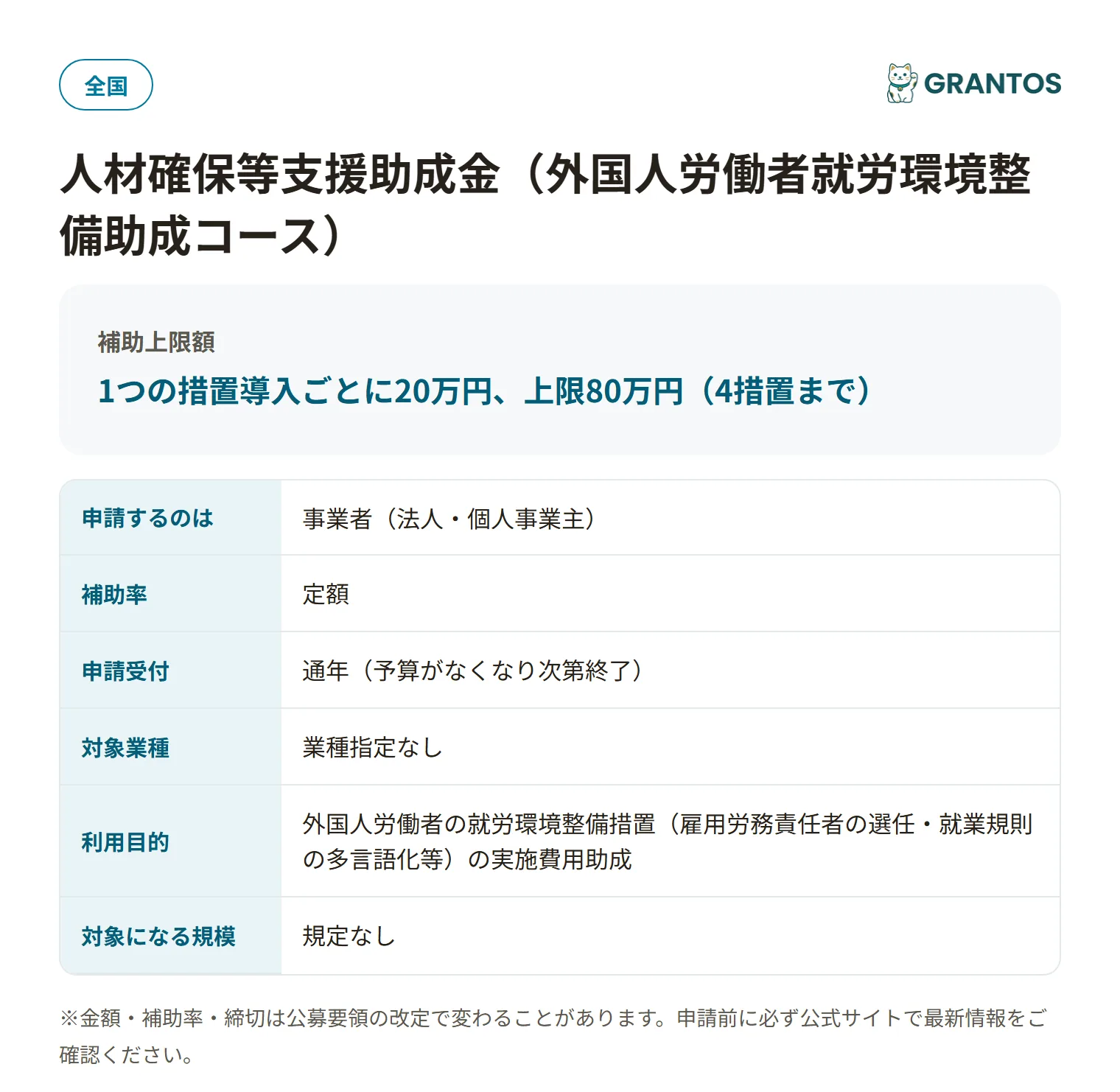 人材確保等支援助成金（外国人労働者就労環境整備助成コース）の対象・金額・締切の概要