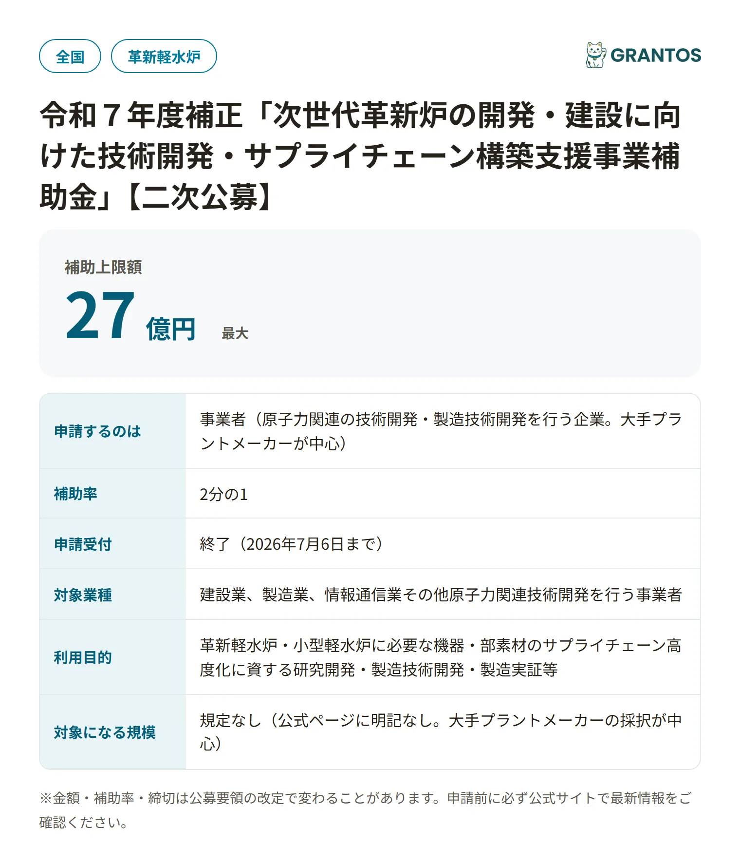 次世代革新炉技術開発補助金の対象・金額・締切の概要