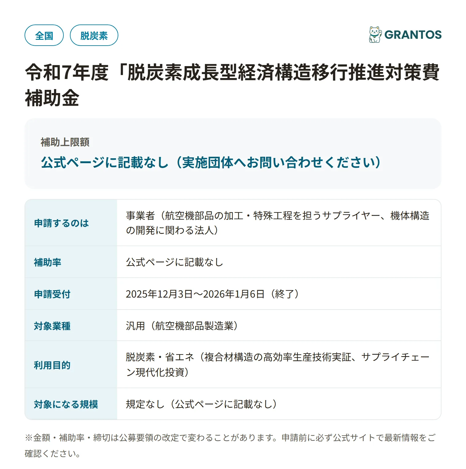 次期機体主要構造体開発・高レート生産技術実証の対象・金額・締切の概要