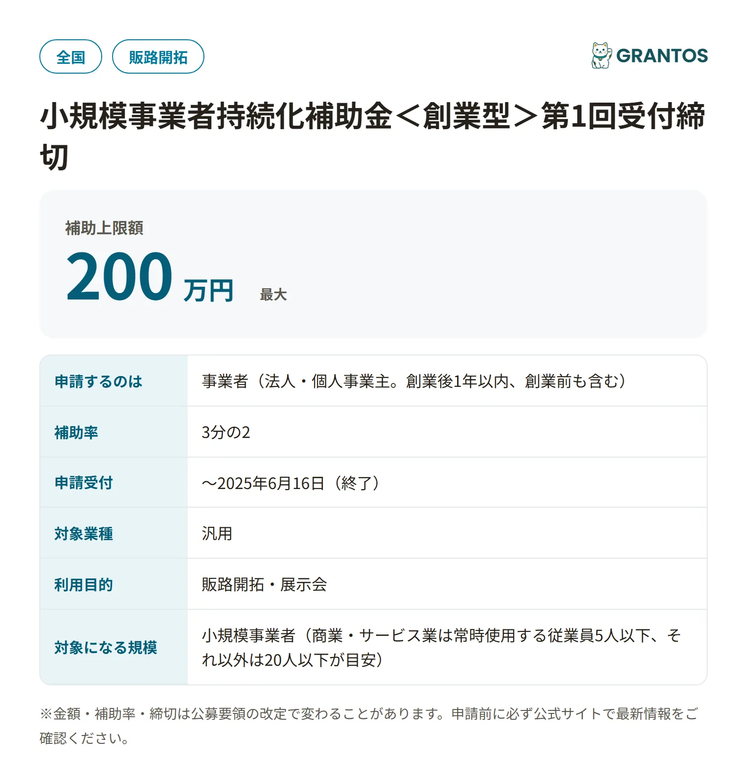 小規模事業者持続化補助金＜創業型＞第1回の対象・金額・締切の概要