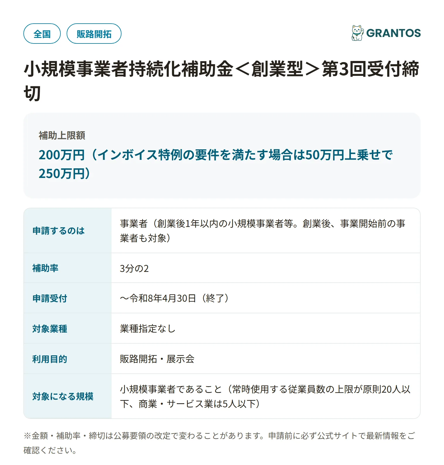 小規模事業者持続化補助金＜創業型＞の対象・金額・締切の概要