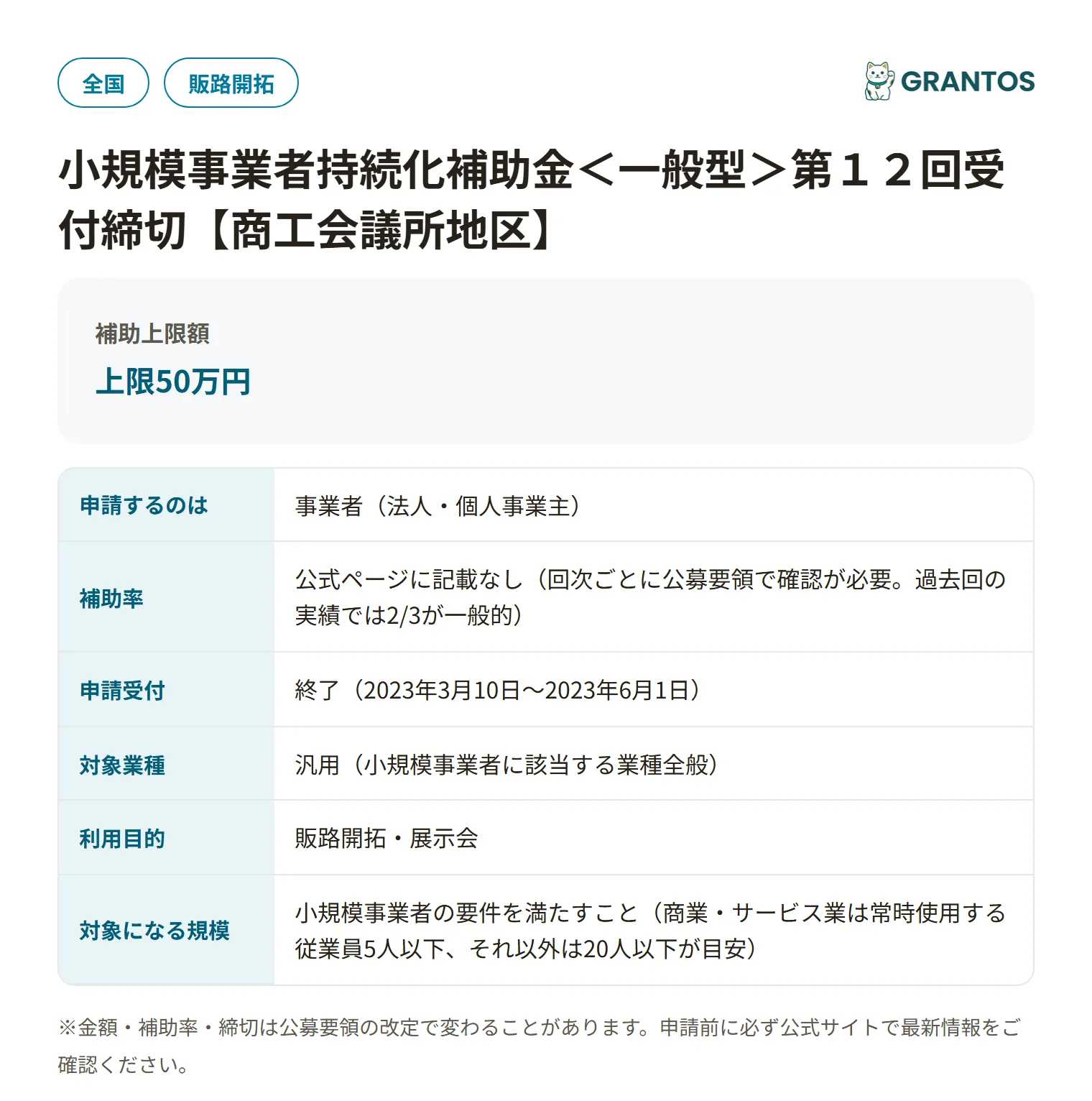 小規模事業者持続化補助金一般型（第12回・商工会議所地区）の対象・金額・締切の概要