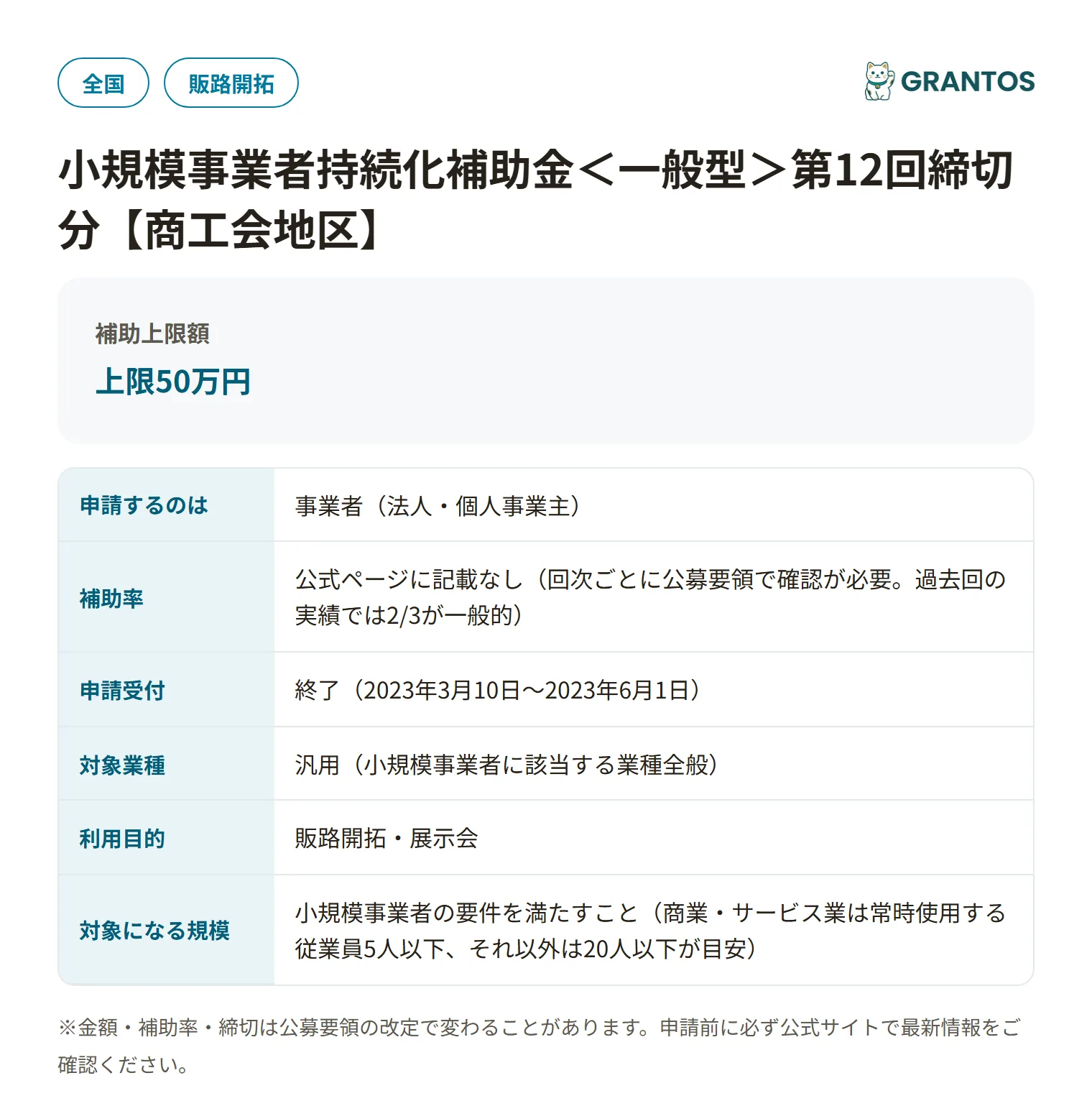小規模事業者持続化補助金一般型（第12回・商工会地区）の対象・金額・締切の概要