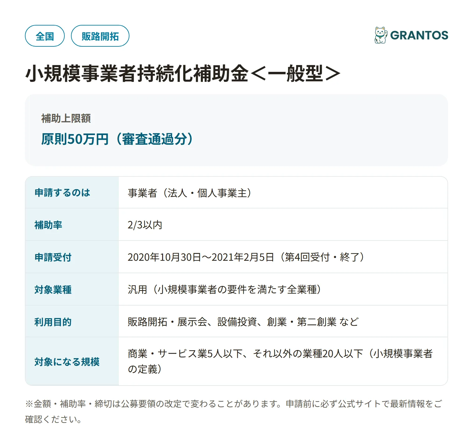 小規模事業者持続化補助金＜一般型＞の対象・金額・締切の概要