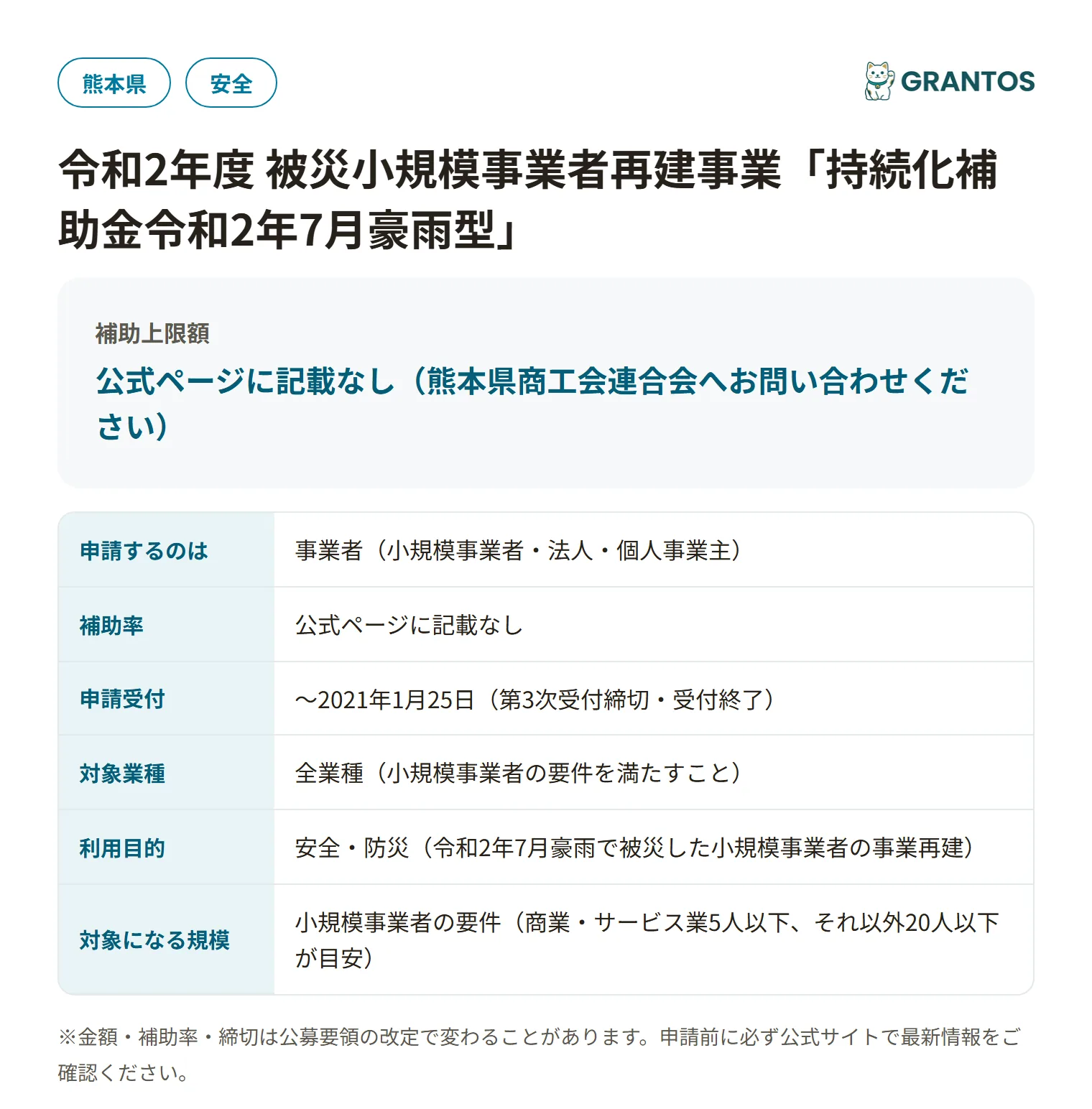 持続化補助金 令和2年7月豪雨型（熊本県）の対象・金額・締切の概要