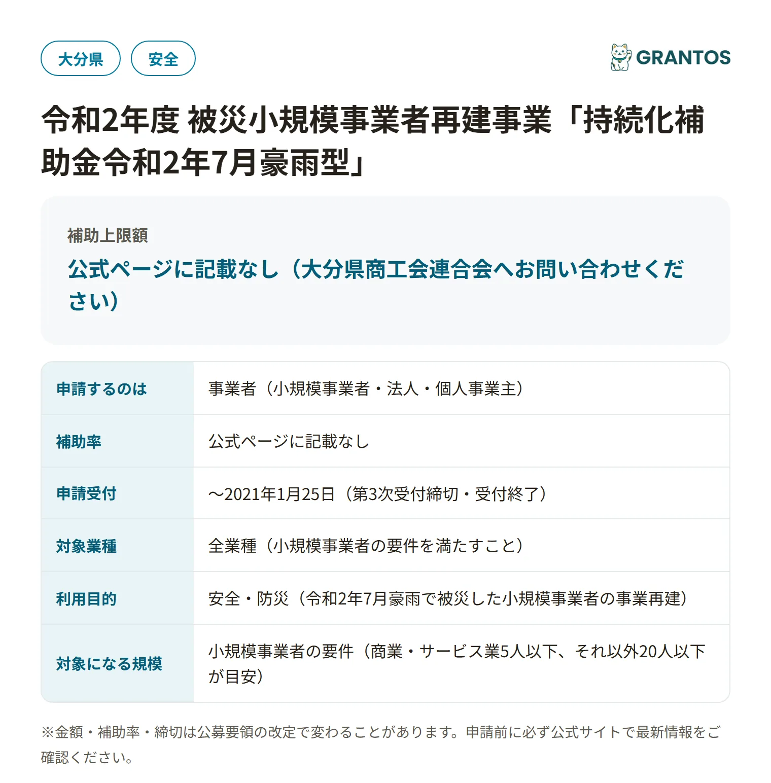 持続化補助金 令和2年7月豪雨型（大分県）の対象・金額・締切の概要