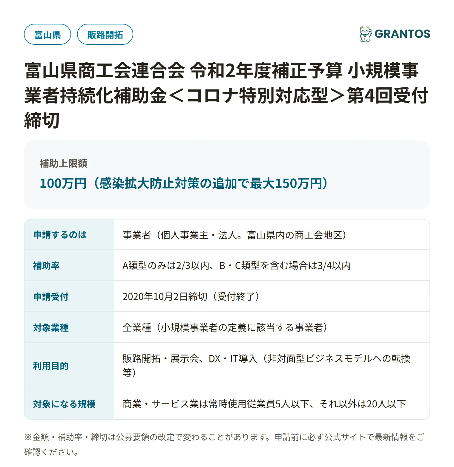 持続化補助金＜コロナ特別対応型＞第4回受付締切（富山県商工会）の対象・金額・締切の概要