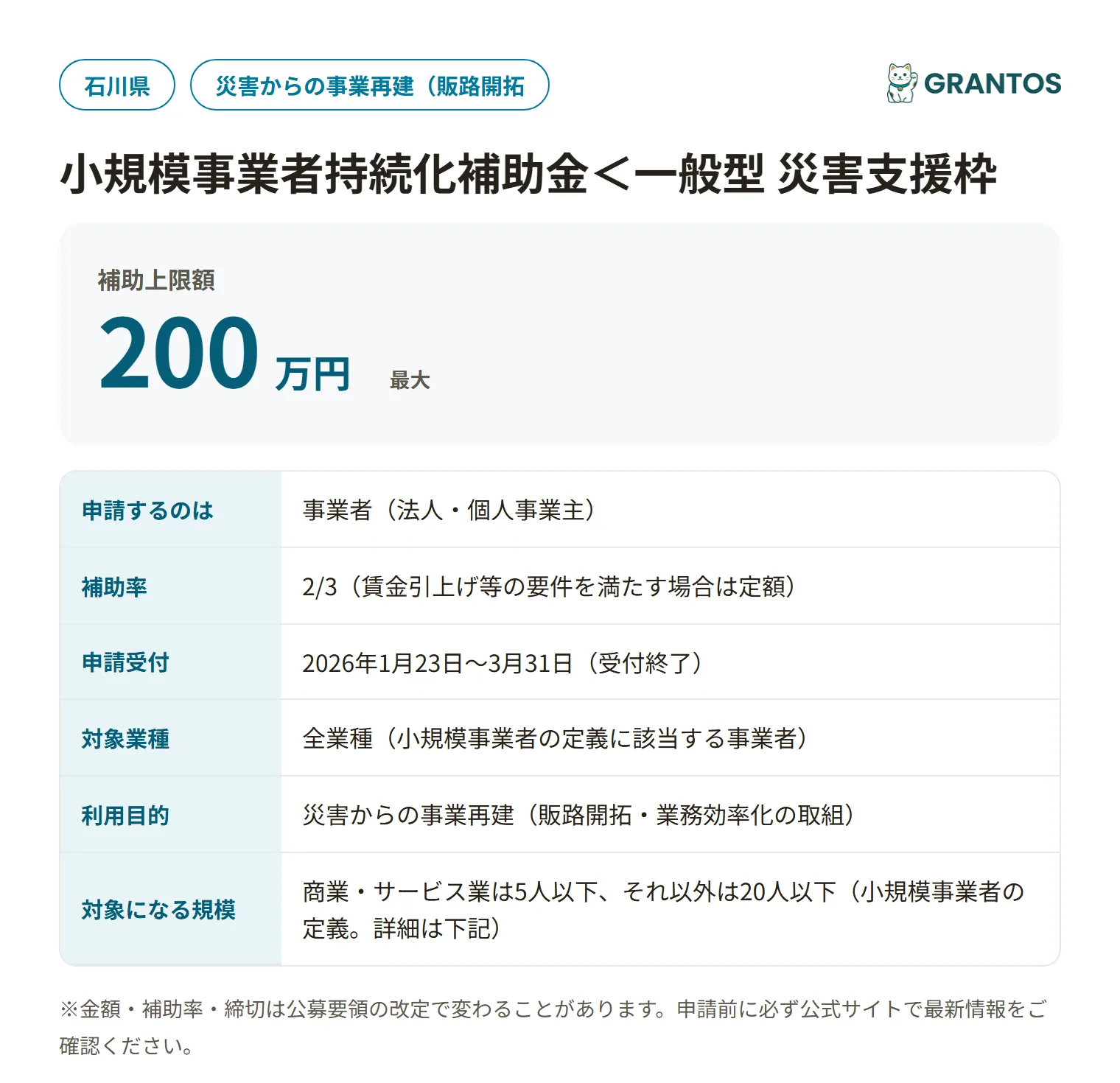 小規模事業者持続化補助金 災害支援枠9次公募の対象・金額・締切の概要