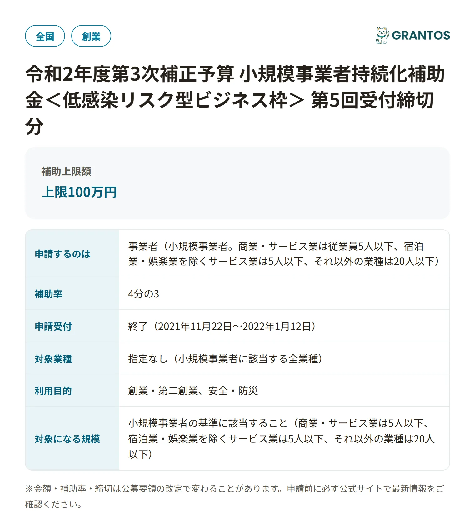 持続化補助金(低感染リスク型ビジネス枠)の対象・金額・締切の概要