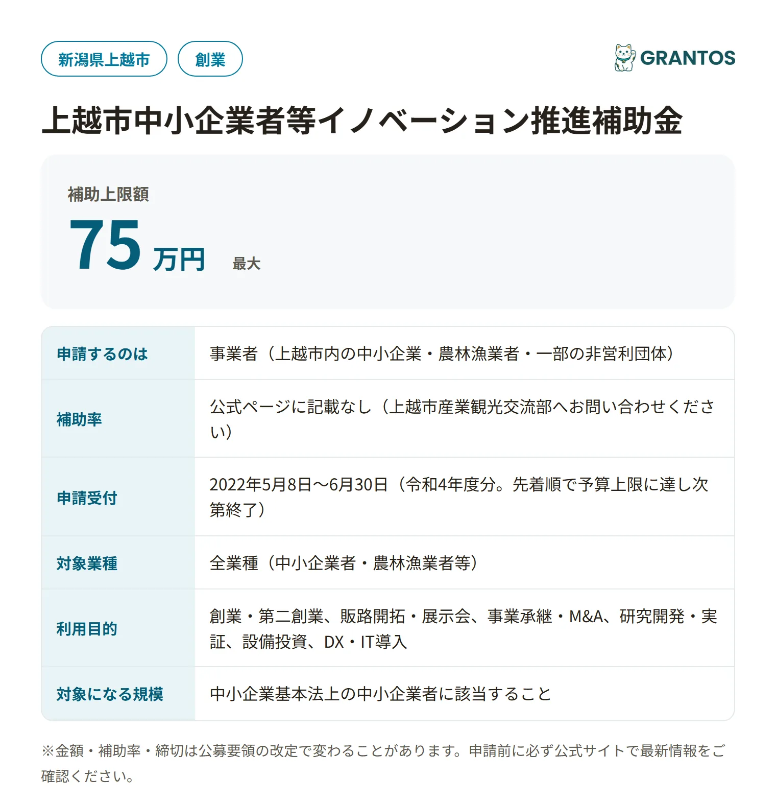 上越市中小企業者等イノベーション推進補助金の対象・金額・締切の概要