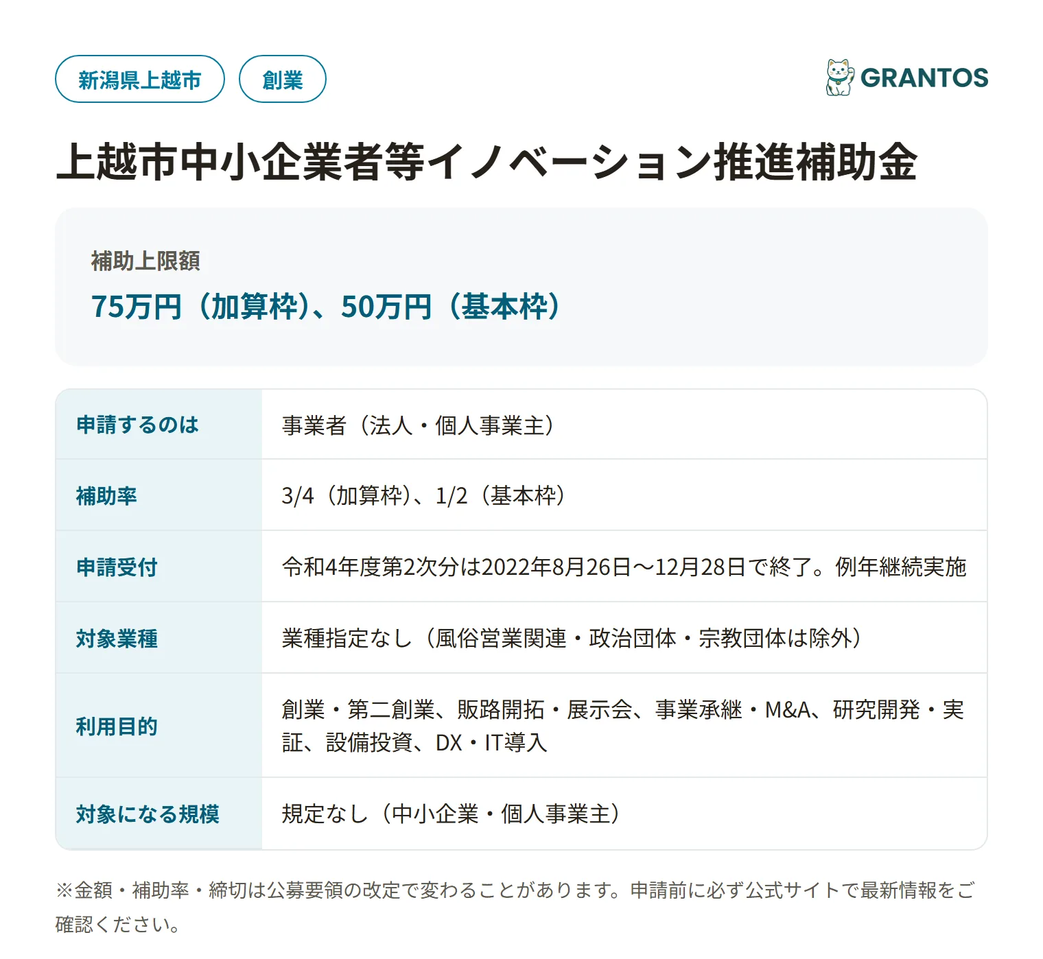 中小企業者等イノベーション推進補助金の対象・金額・締切の概要