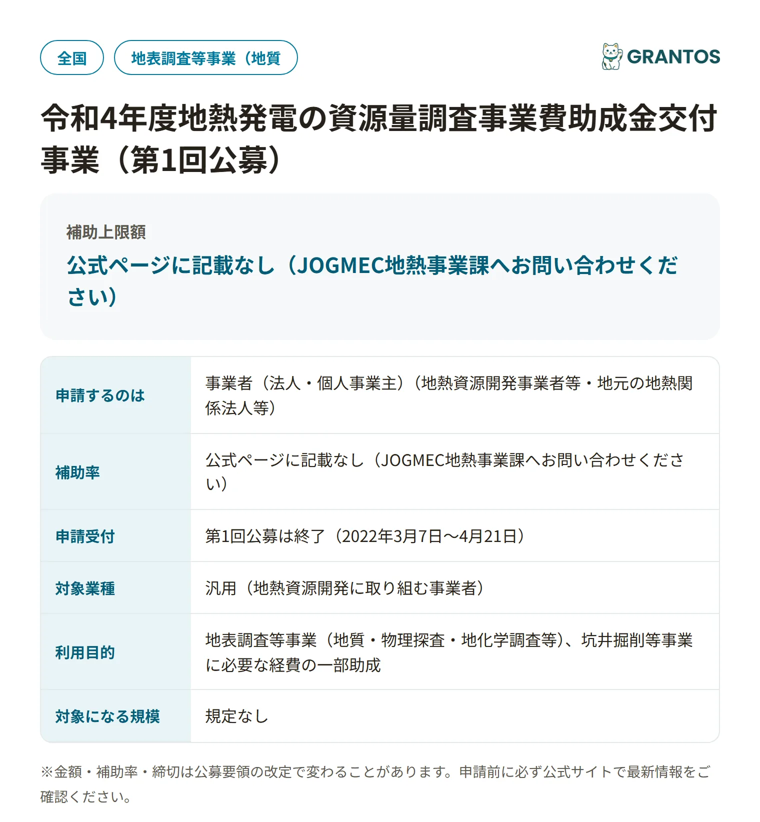 地熱発電資源量調査助成金(第1回)の対象・金額・締切の概要
