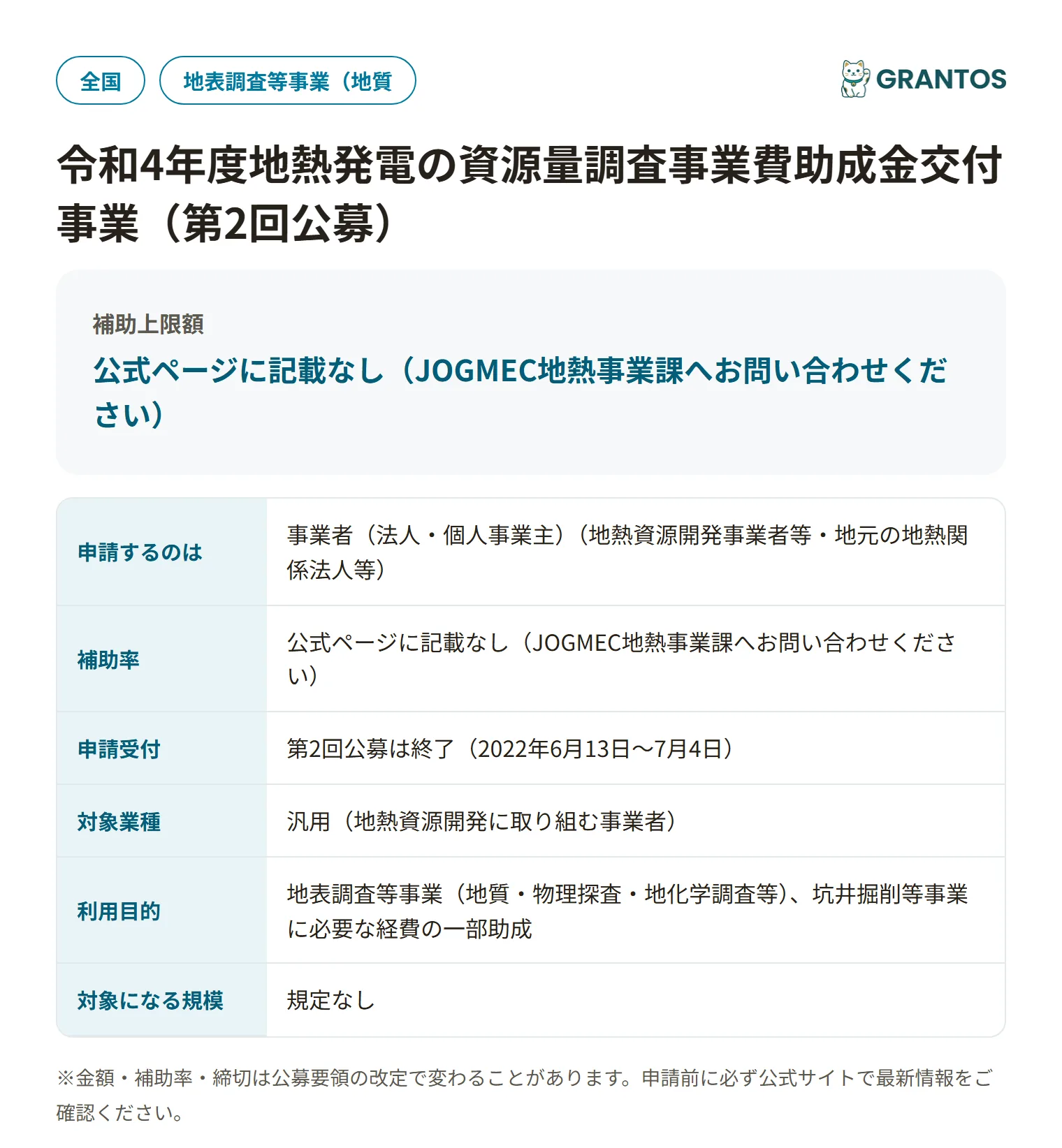 地熱発電資源量調査助成金(第2回)の対象・金額・締切の概要