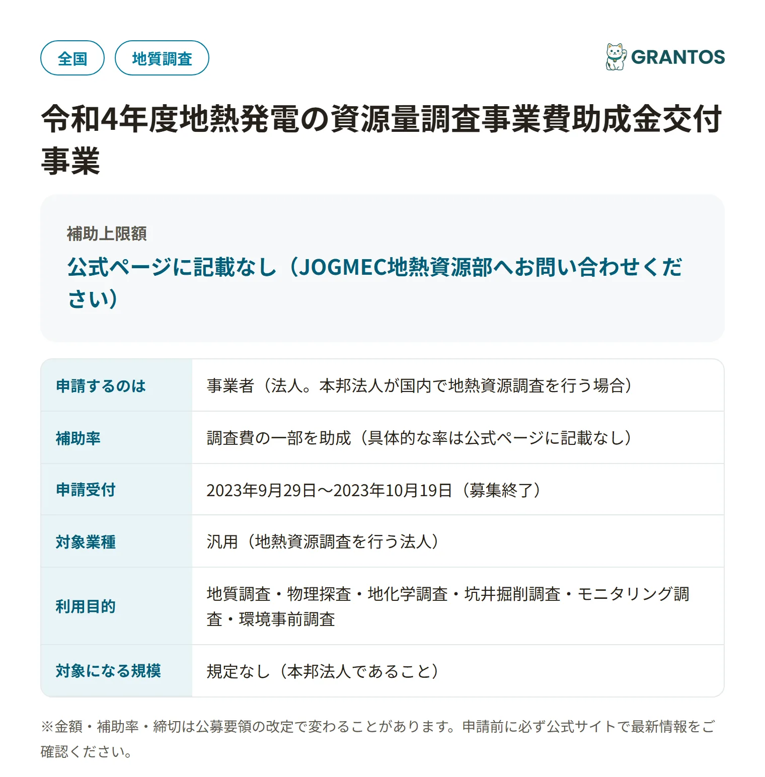 地熱発電の資源量調査事業費助成金（R4補正）の対象・金額・締切の概要