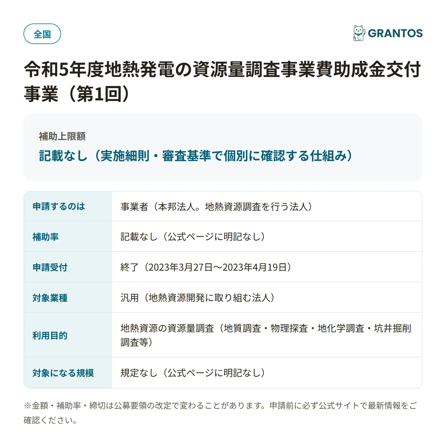 地熱資源量調査助成金(JOGMEC)第1回公募の対象・金額・締切の概要