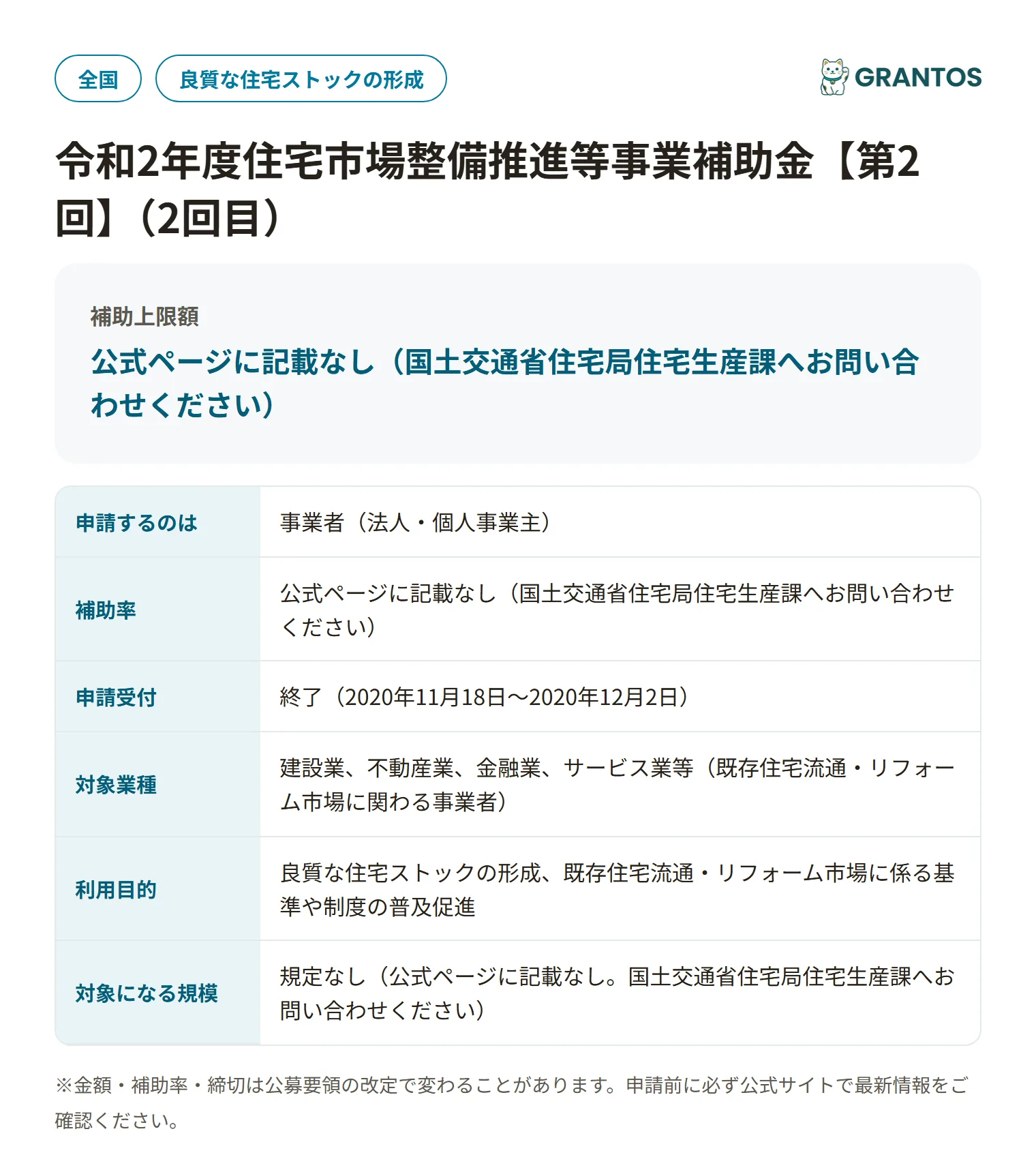 住宅市場整備推進等事業補助金(2回目)の対象・金額・締切の概要