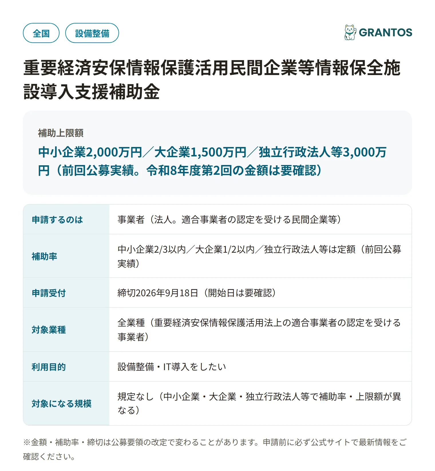 重要経済安保情報保護活用民間企業等情報保全施設導入支援補助金の対象・金額・締切の概要