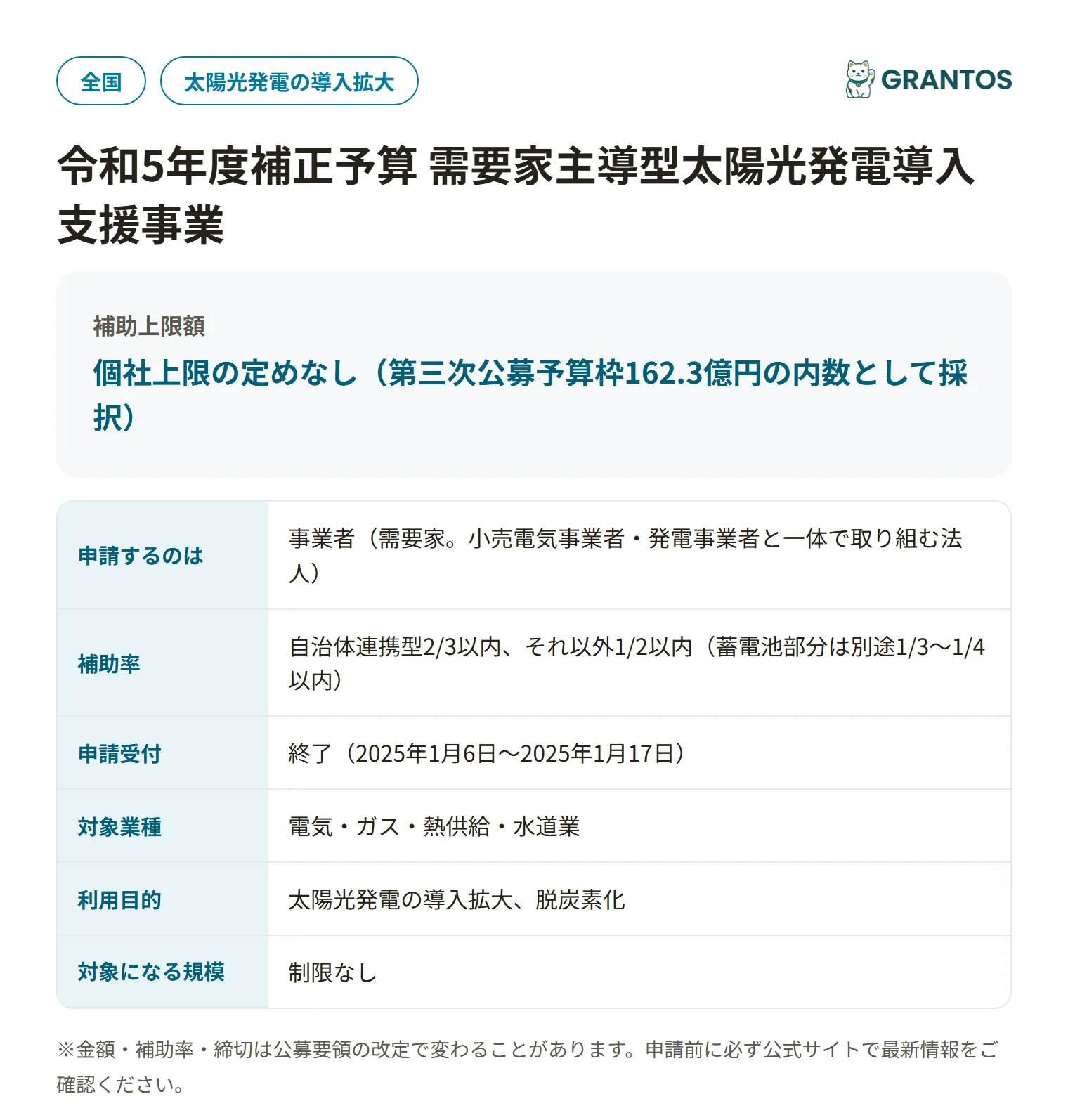 需要家主導型太陽光発電導入支援補助金の対象・金額・締切の概要