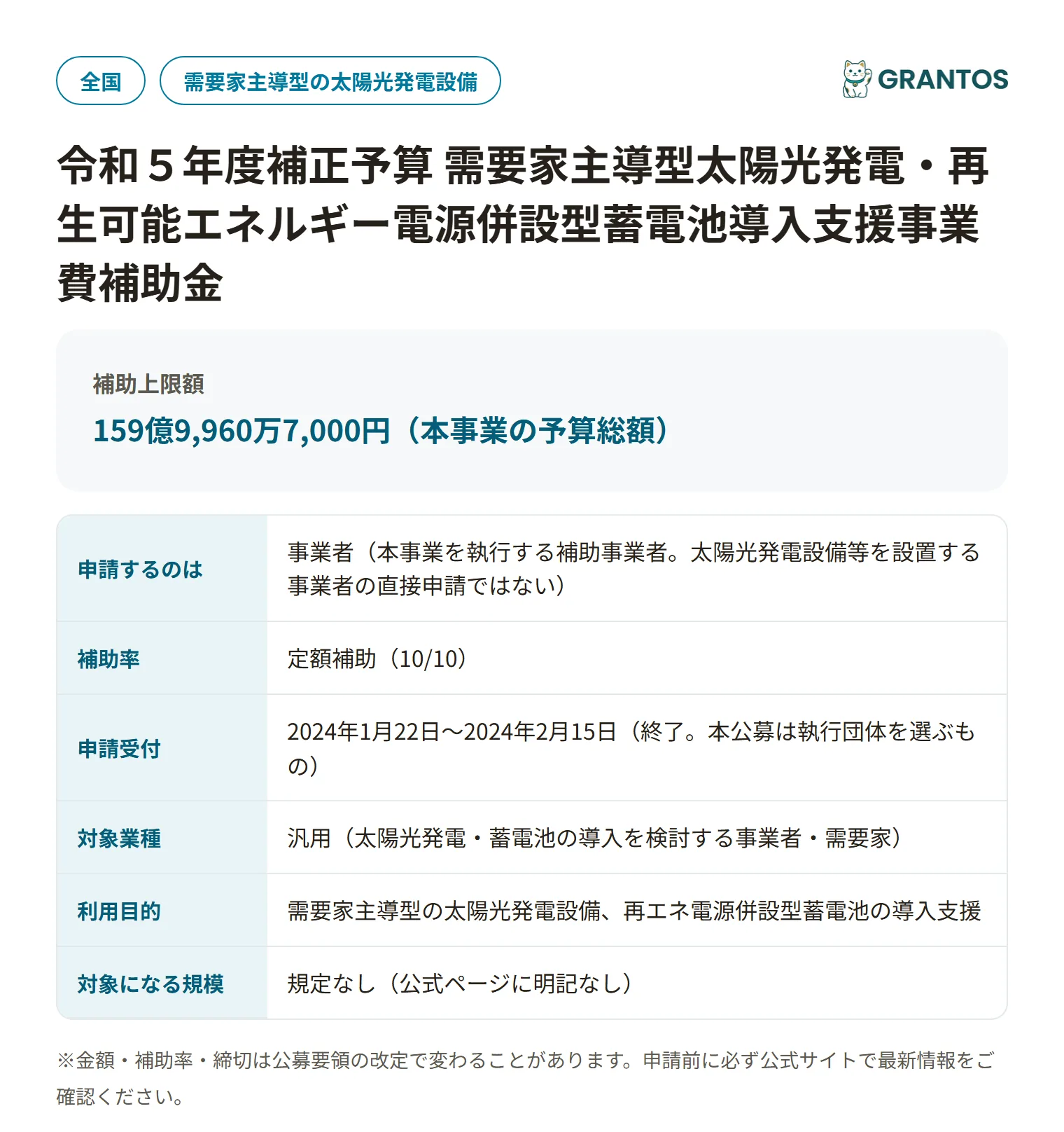 需要家主導型太陽光発電・蓄電池導入支援事業費補助金の対象・金額・締切の概要
