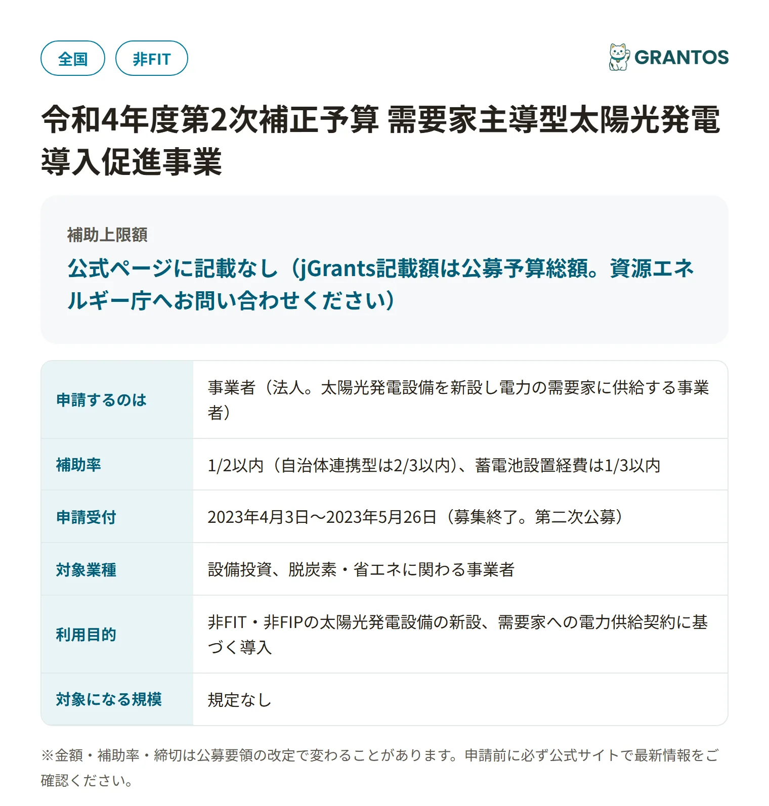 需要家主導型太陽光発電導入促進事業の対象・金額・締切の概要