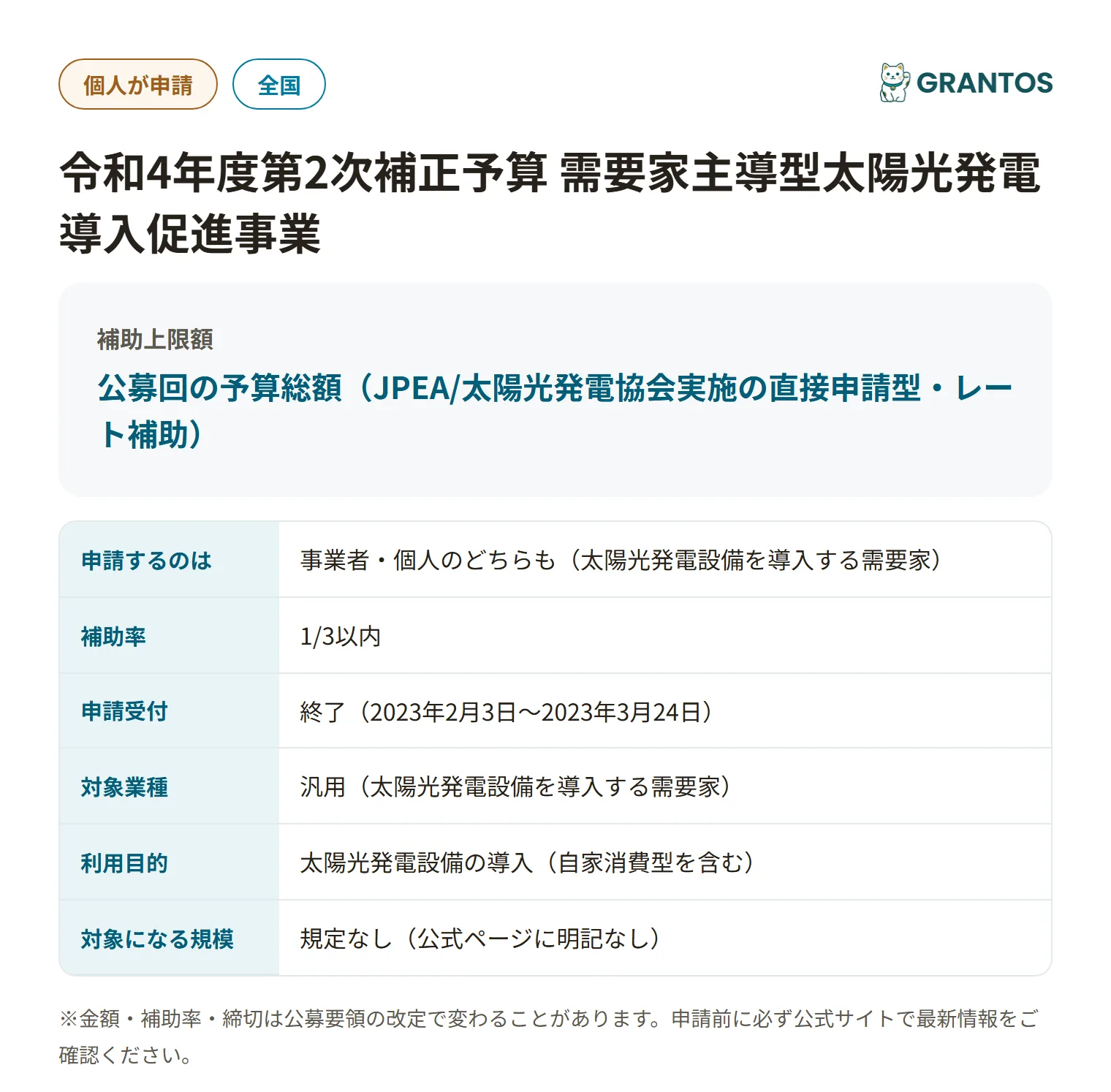 需要家主導型太陽光発電導入促進事業(R4二次補正)の対象・金額・締切の概要