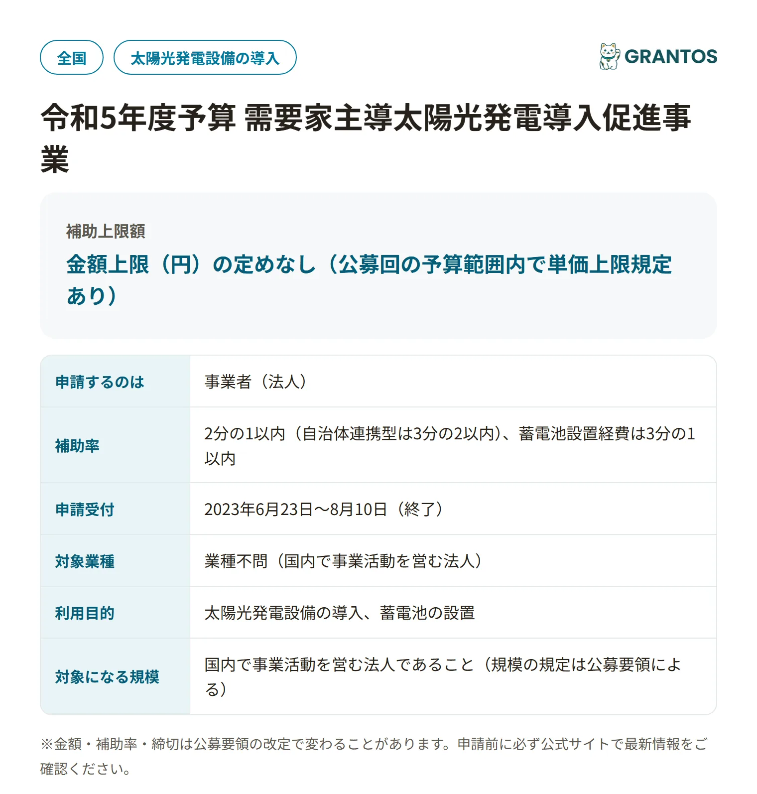 需要家主導太陽光発電導入促進事業の対象・金額・締切の概要