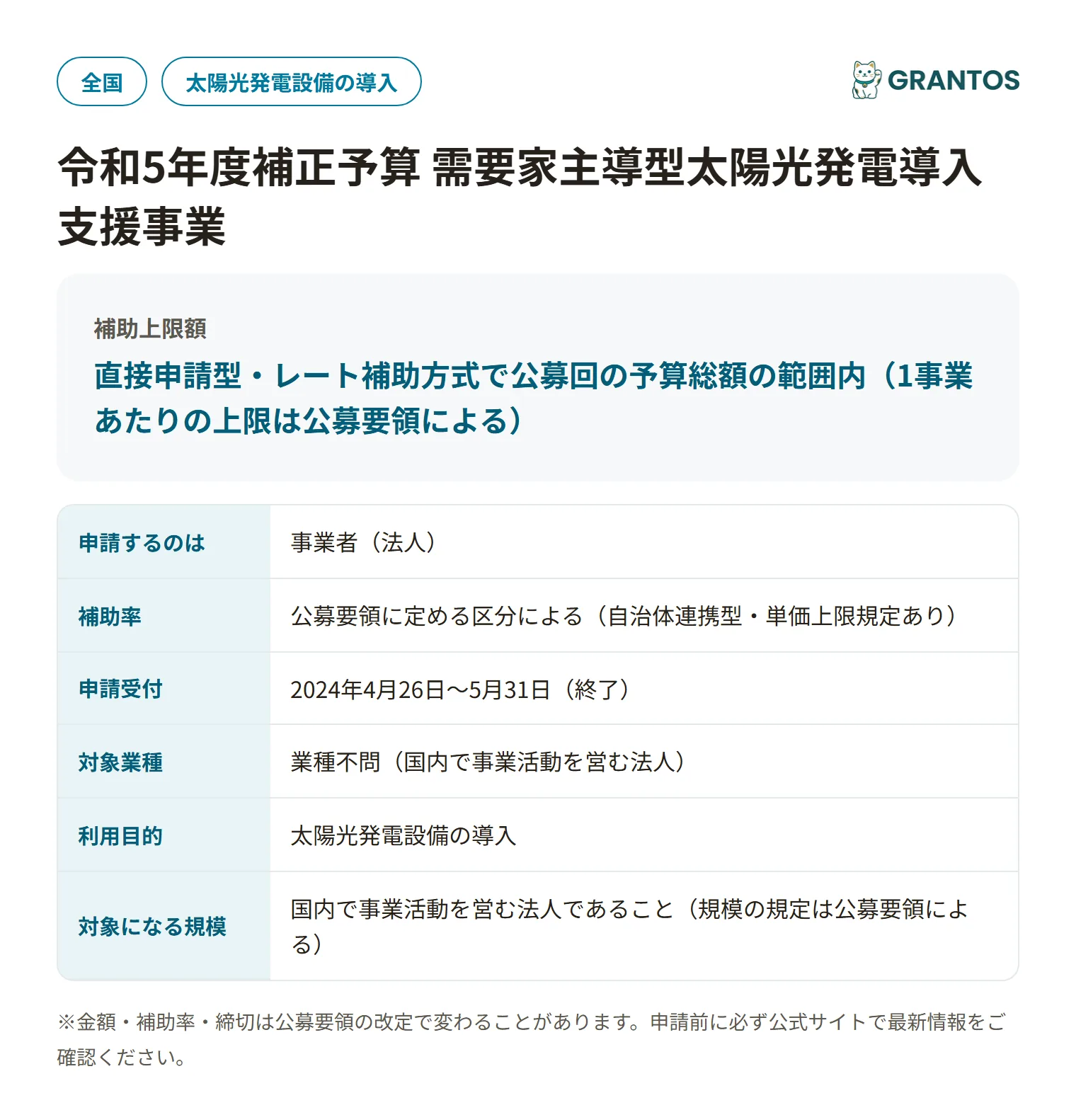 需要家主導型太陽光発電導入支援事業（R5補正第一次）の対象・金額・締切の概要