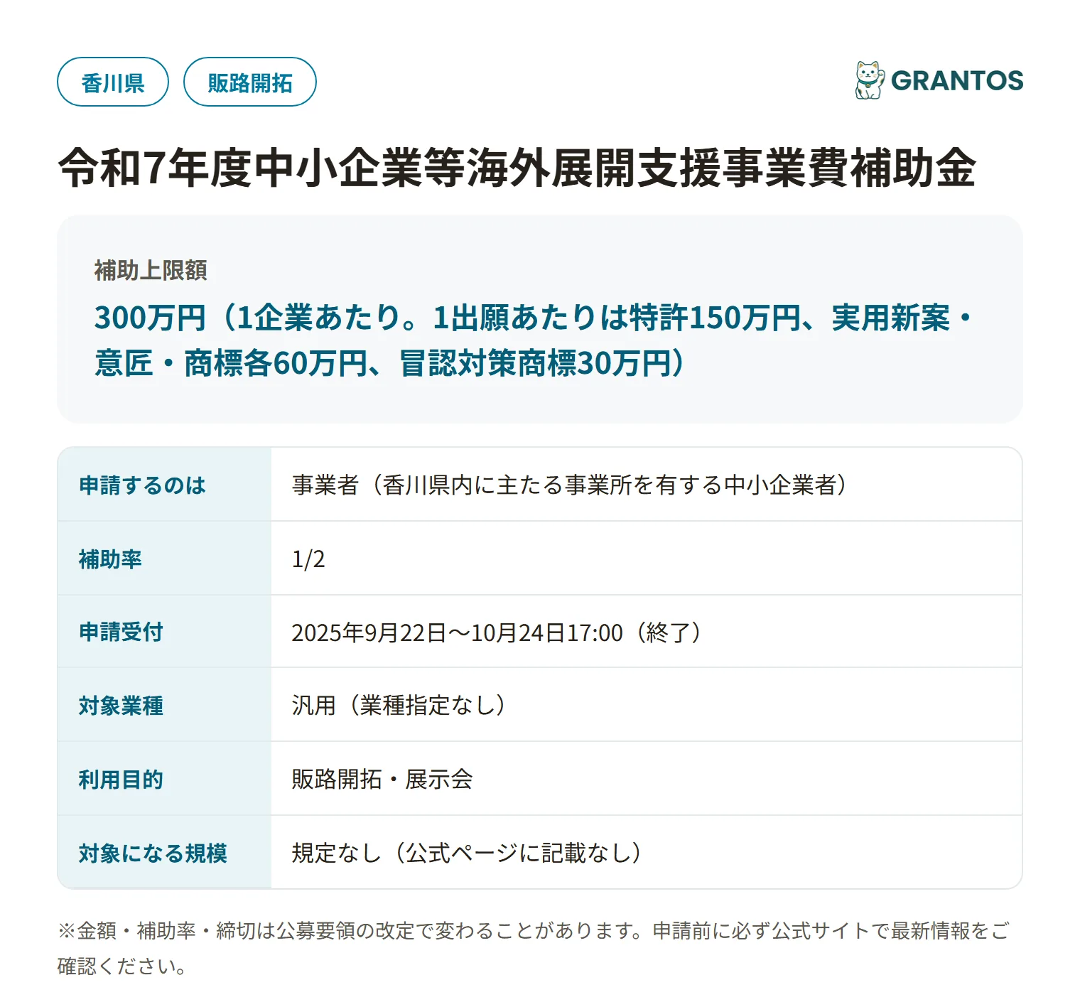 香川県中小企業等海外展開支援事業費補助金（海外出願支援事業）第3次募集の対象・金額・締切の概要