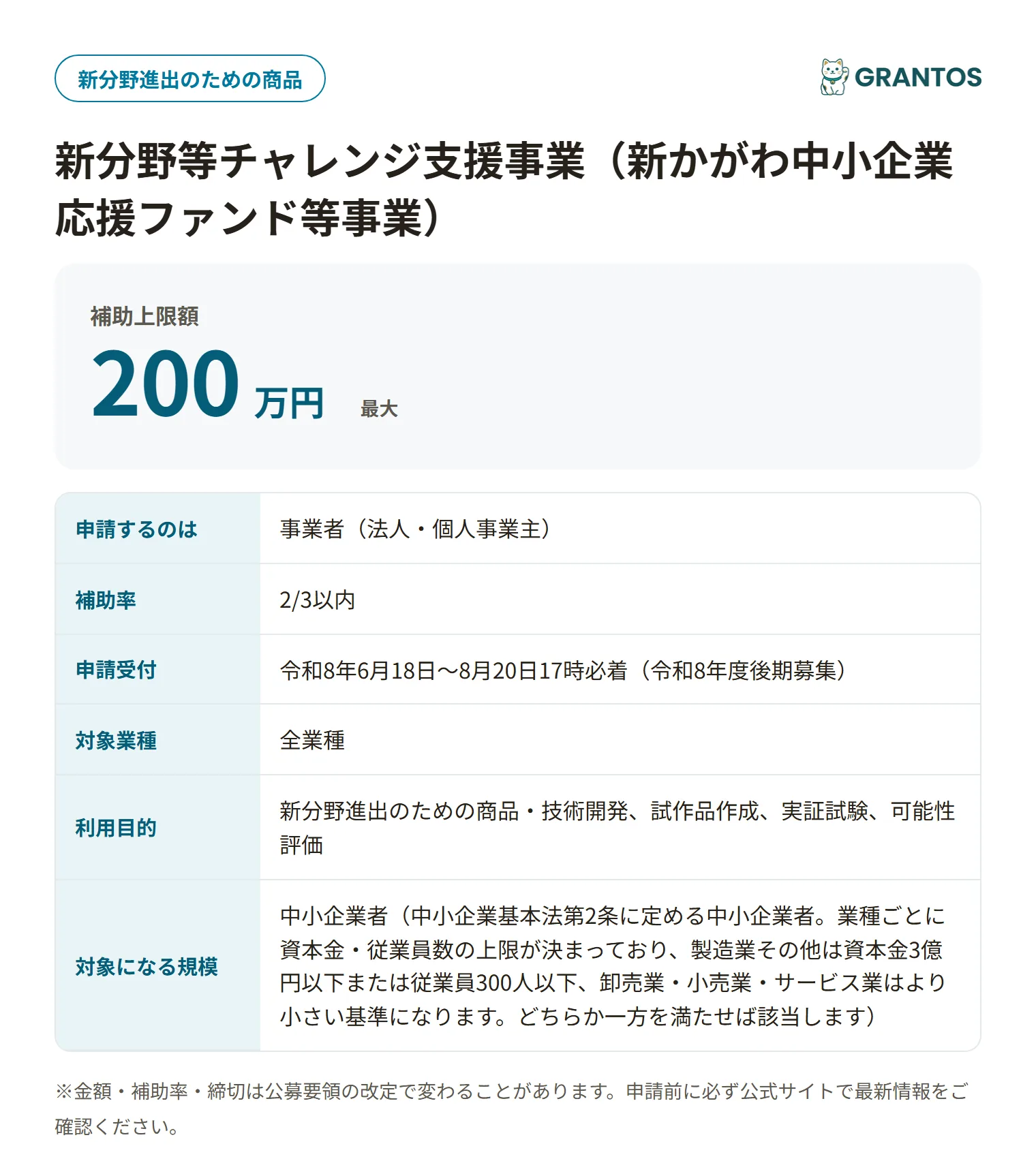 新分野等チャレンジ支援事業の対象・金額・締切の概要