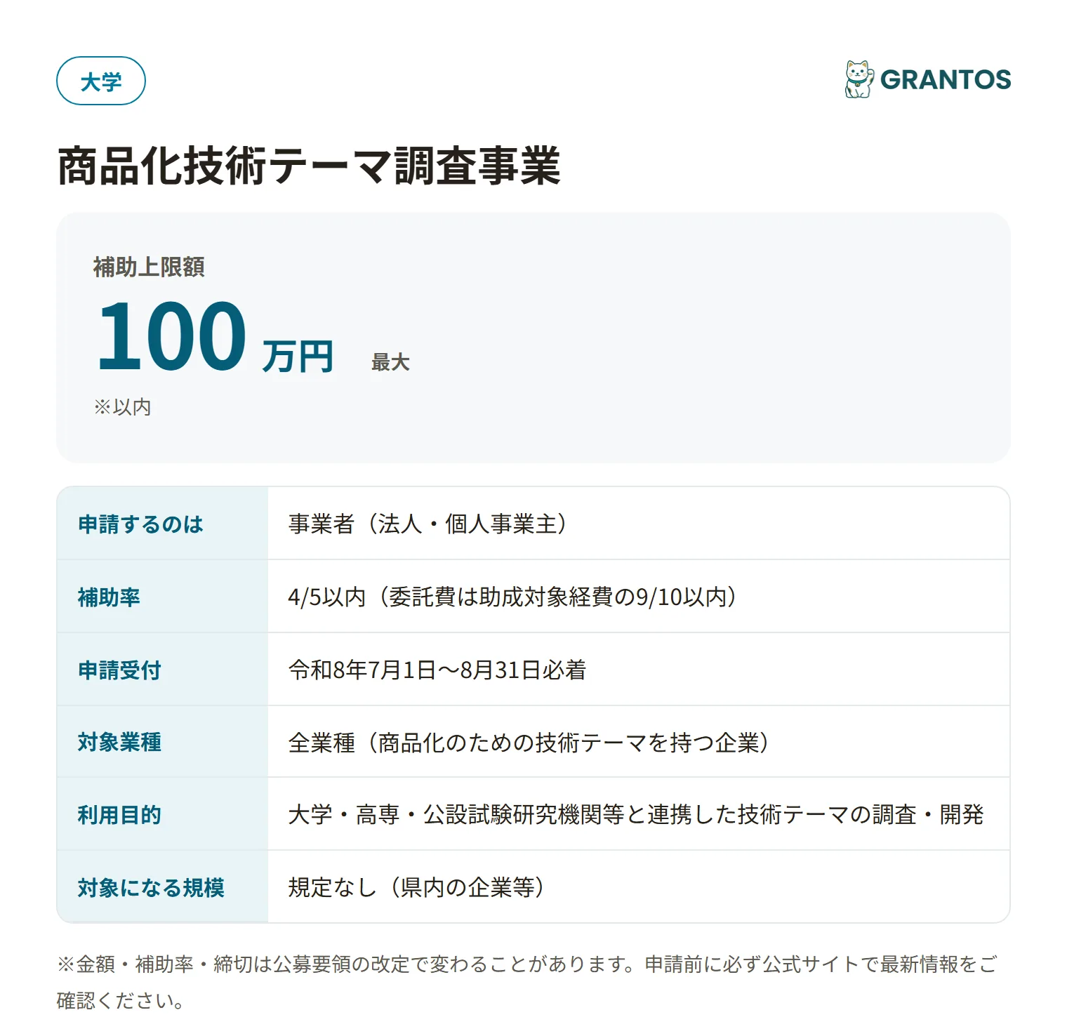 商品化技術テーマ調査事業の対象・金額・締切の概要