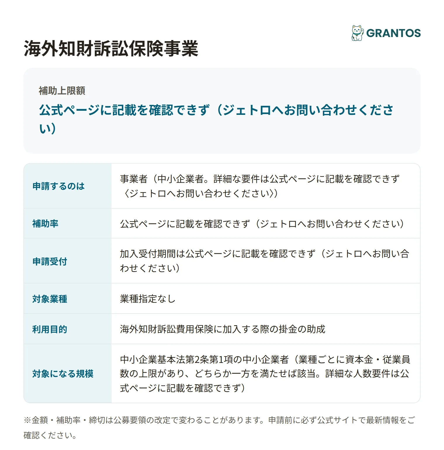 海外知財訴訟保険事業の対象・金額・締切の概要