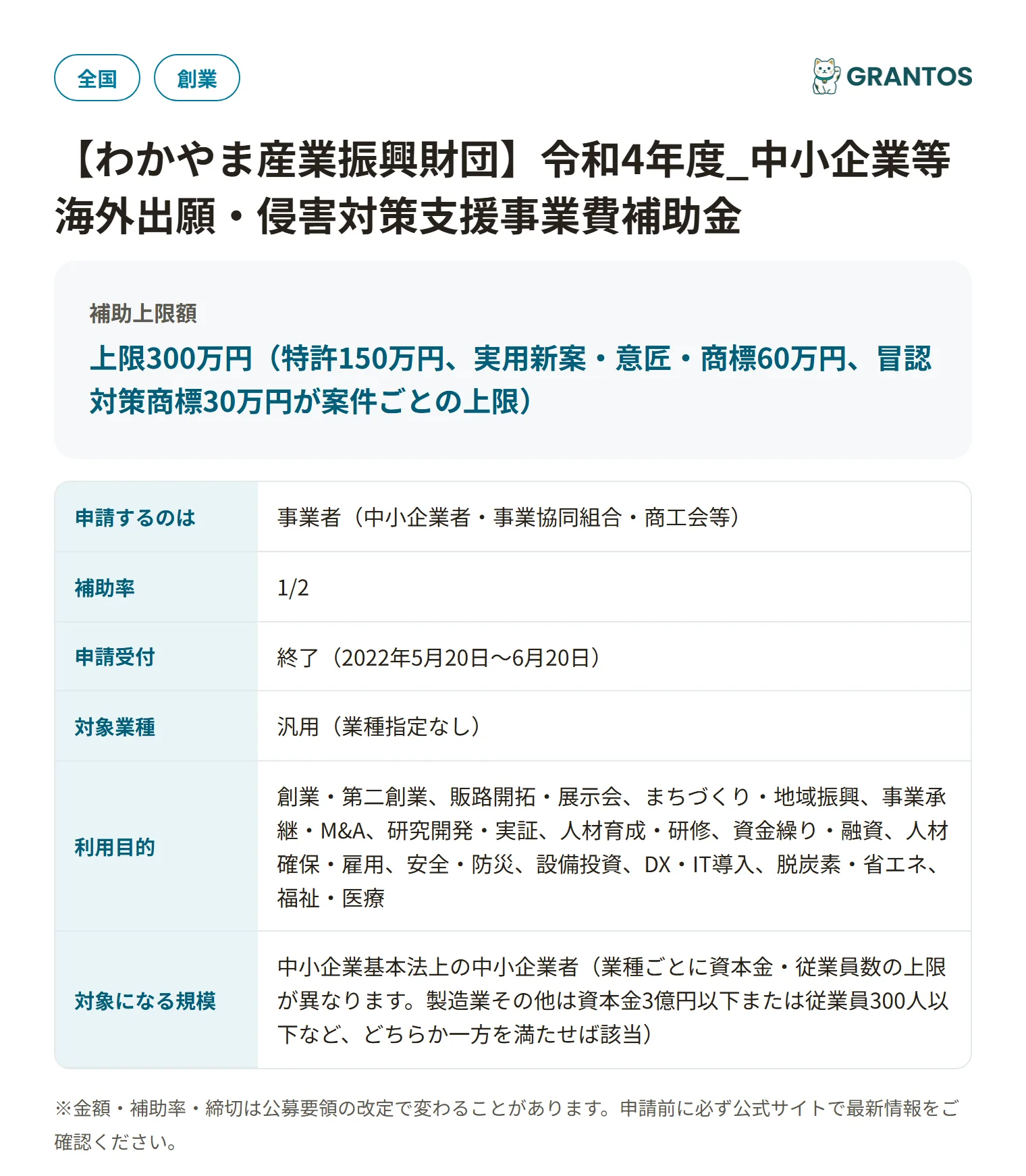 中小企業等外国出願支援事業（わかやま産業振興財団）の対象・金額・締切の概要