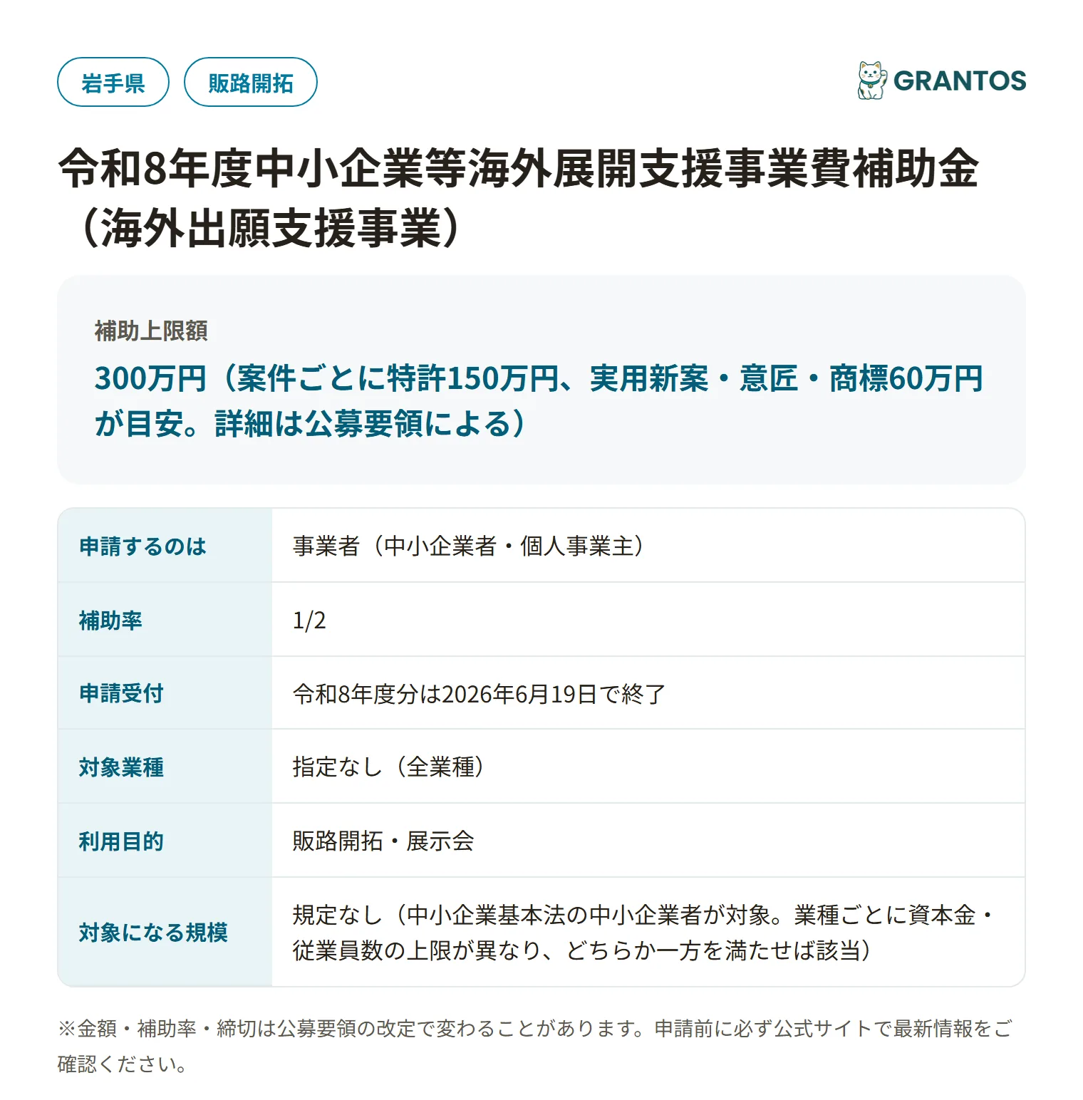 中小企業等海外展開支援事業費補助金（海外出願支援事業・岩手県）の対象・金額・締切の概要