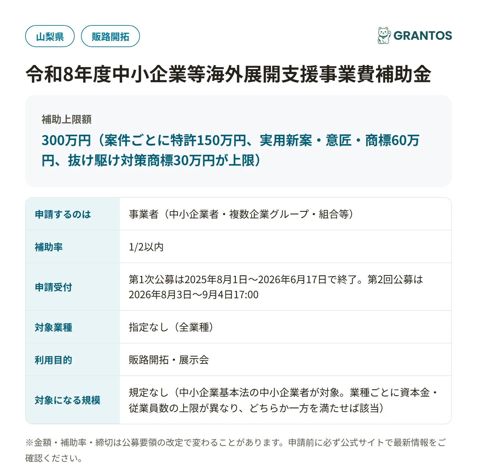中小企業等海外展開支援事業費補助金（海外出願支援事業・山梨県）の対象・金額・締切の概要