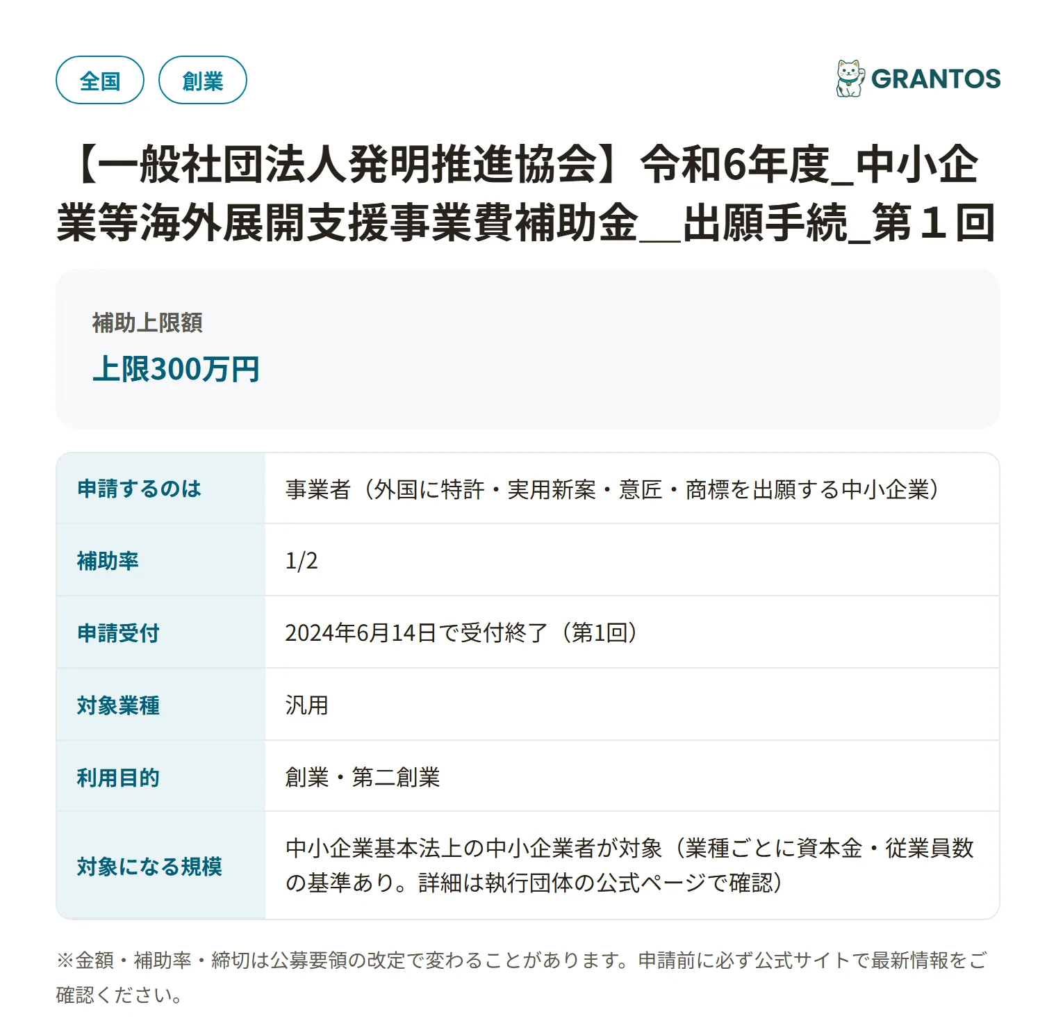 中小企業海外出願支援補助金(第1回・R6)の対象・金額・締切の概要