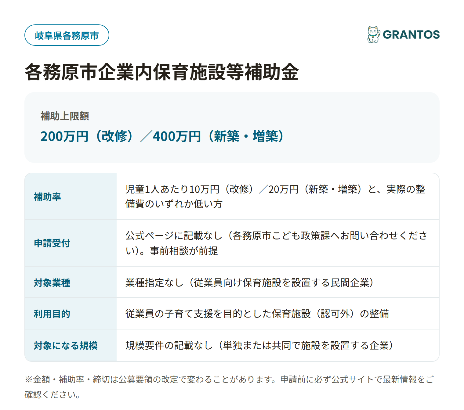 各務原市企業内保育施設等補助金の対象・金額・締切の概要