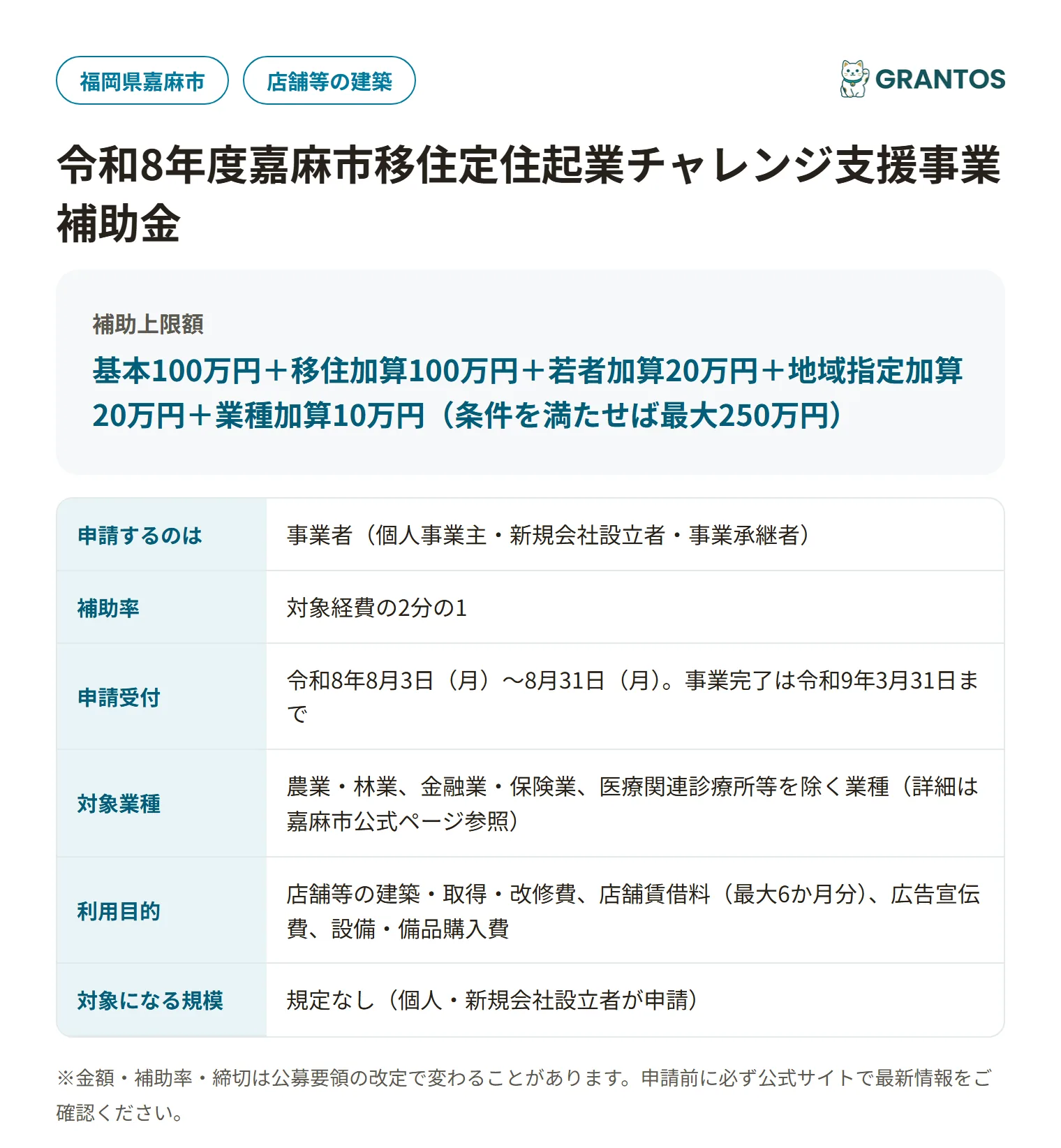 移住定住起業チャレンジ支援事業補助金の対象・金額・締切の概要
