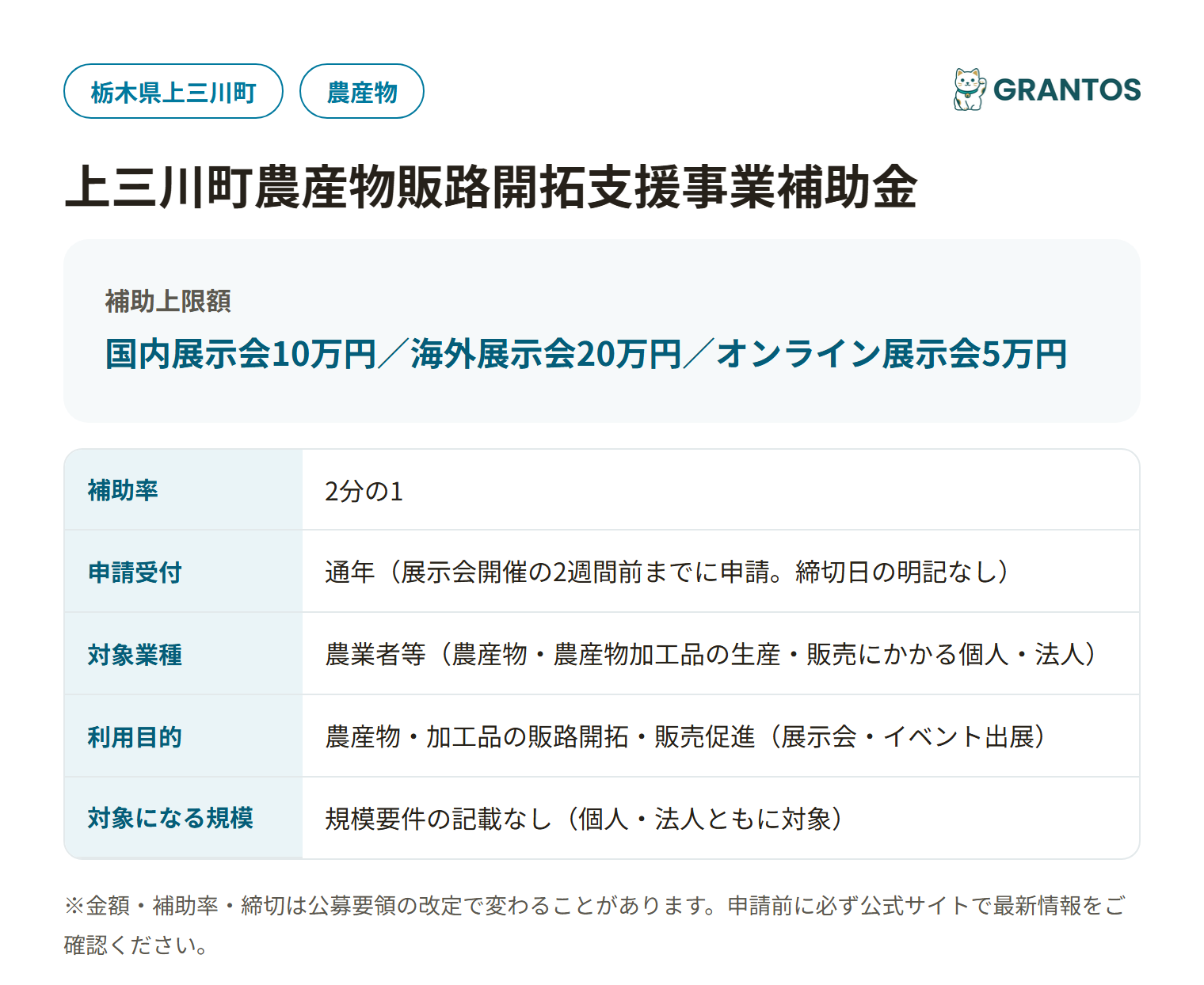 上三川町農産物販路開拓支援事業補助金の対象・金額・締切の概要