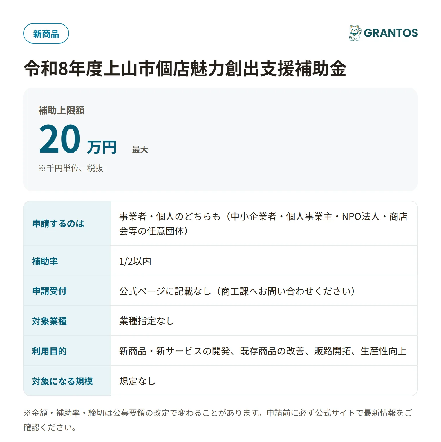 上山市個店魅力創出支援補助金の対象・金額・締切の概要