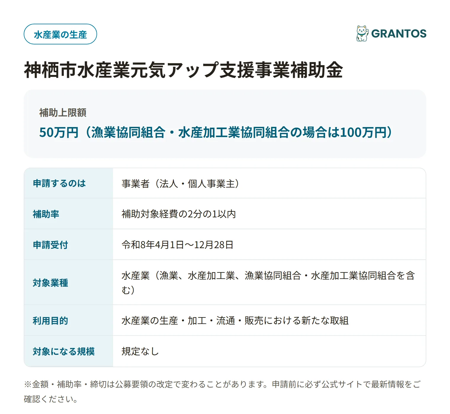 神栖市水産業元気アップ支援事業補助金の対象・金額・締切の概要